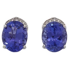 Tanzanite Oval and White Diamond Earring Studs in 18k White Gold