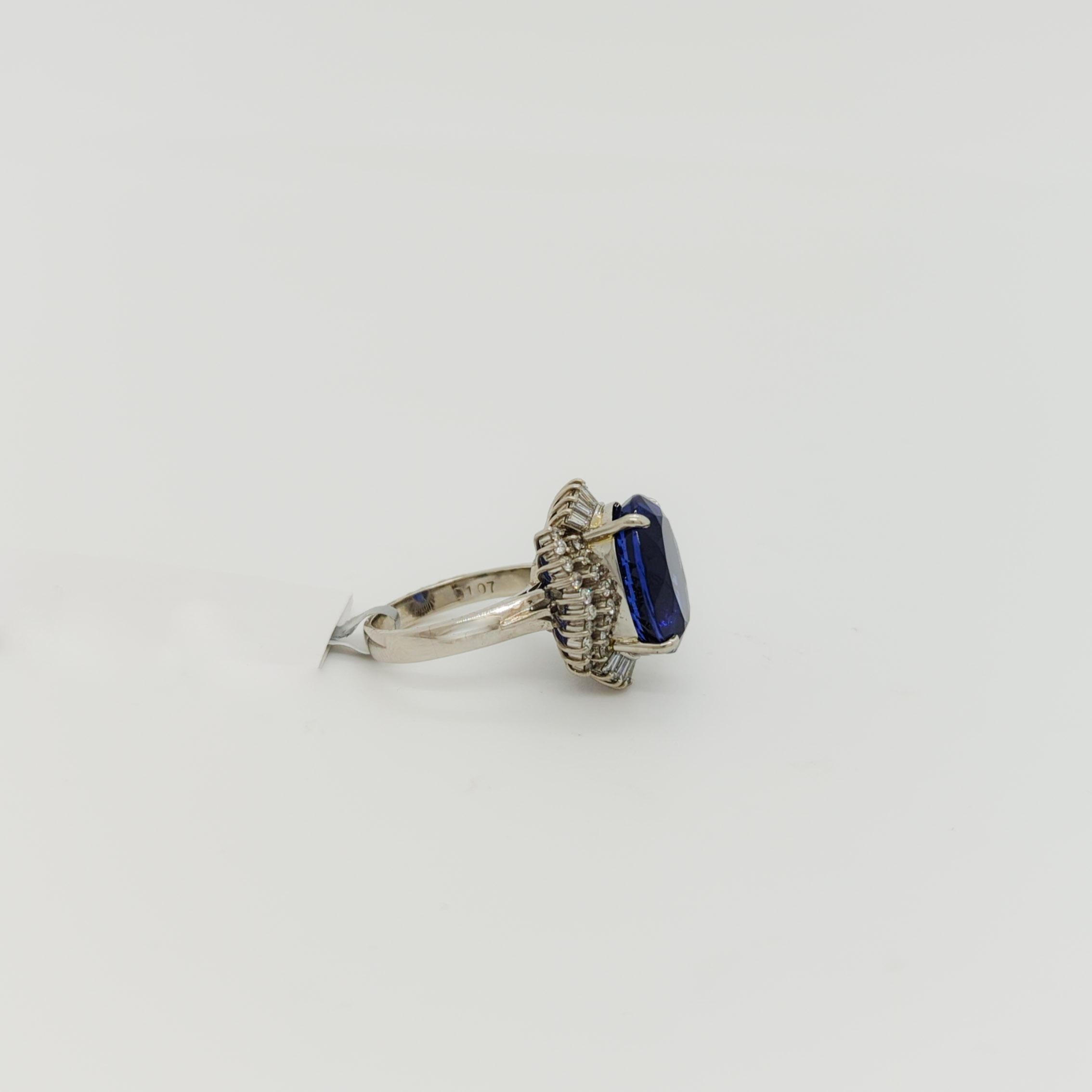 Women's or Men's Tanzanite Oval and White Diamond Round & Baguette Cocktail Ring in Platinum