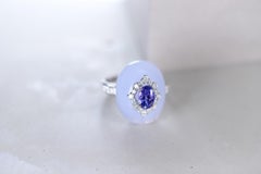 Tanzanite Oval, Chalcedony and Round Diamond 14 Karat White Gold Cocktail Ring