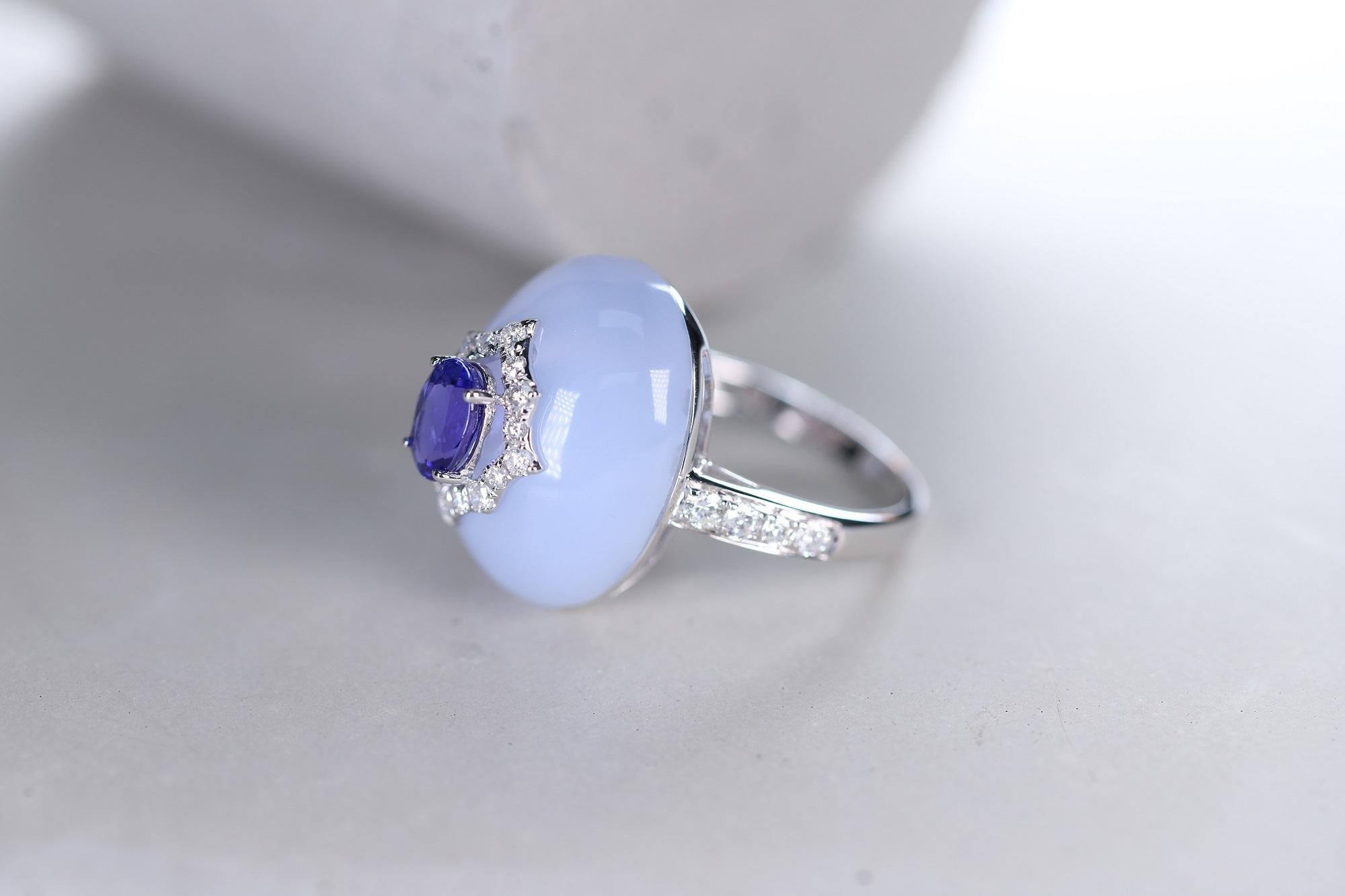 Oval Cut Tanzanite Oval, Chalcedony and Round Diamond 14 Karat White Gold Cocktail Ring