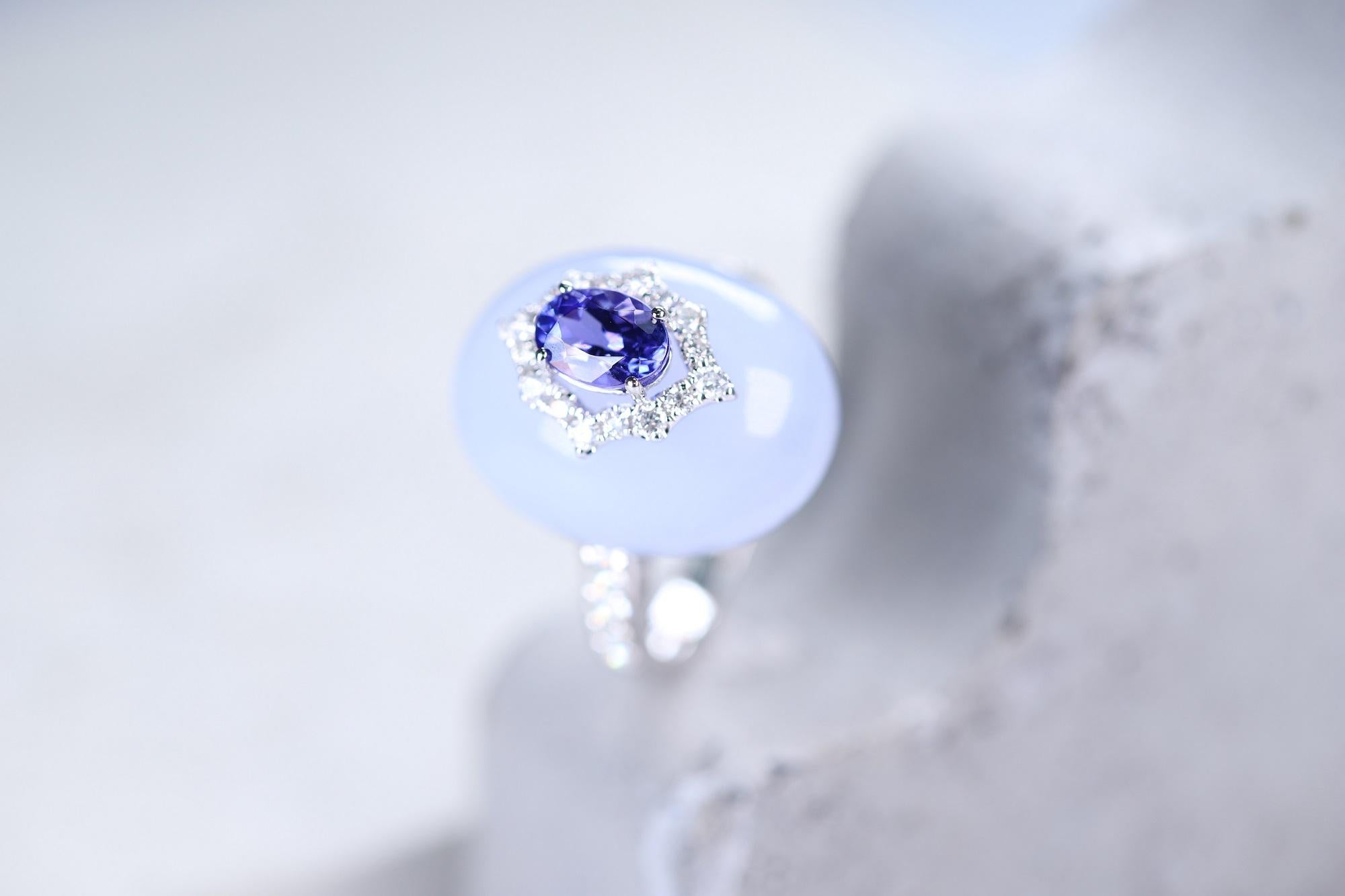 Women's Tanzanite Oval, Chalcedony and Round Diamond 14 Karat White Gold Cocktail Ring