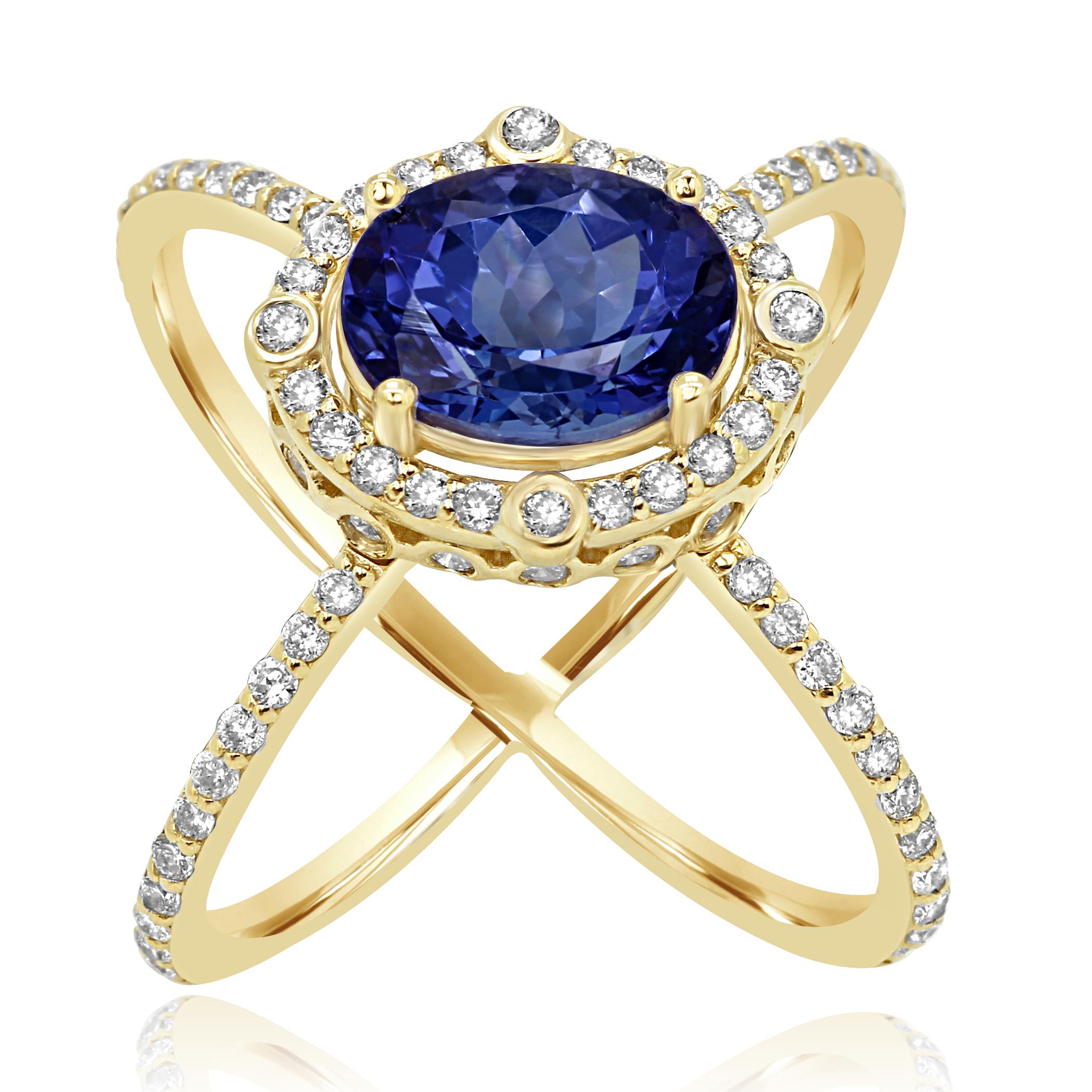 Contemporary Tanzanite Oval Diamond Halo Gold Fashion Cocktail Ring