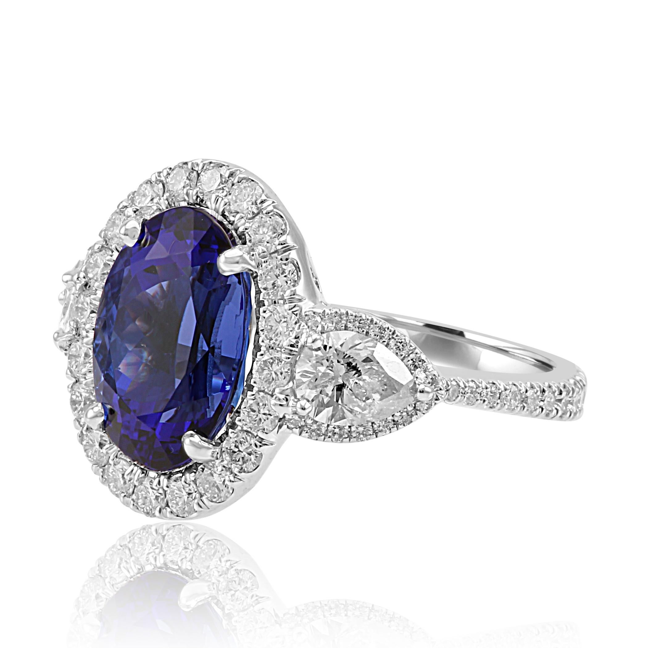 Modern Tanzanite Oval Diamond Halo Three-Stone Fashion Cocktail Two-Color Gold Ring