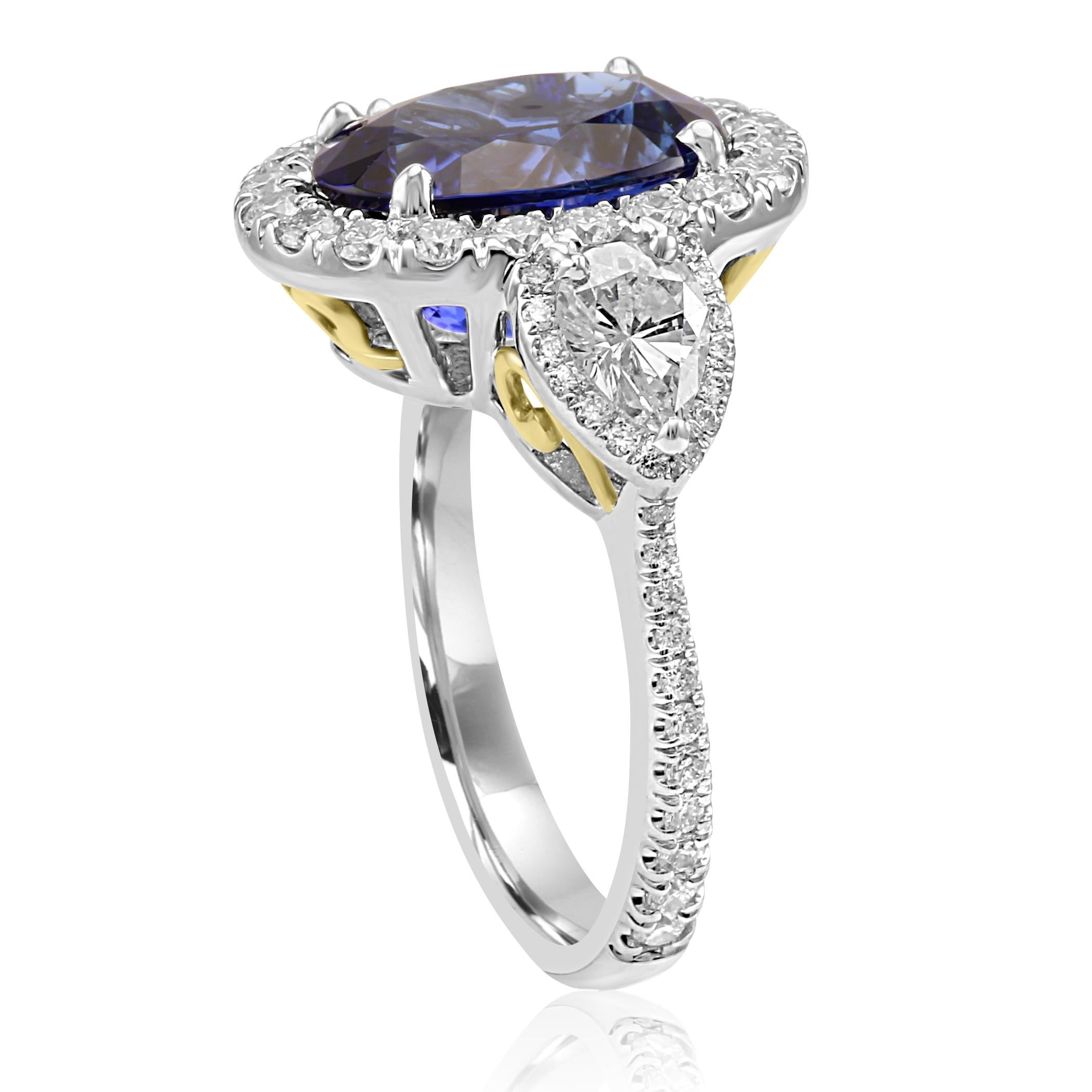 Oval Cut Tanzanite Oval Diamond Halo Three-Stone Fashion Cocktail Two-Color Gold Ring