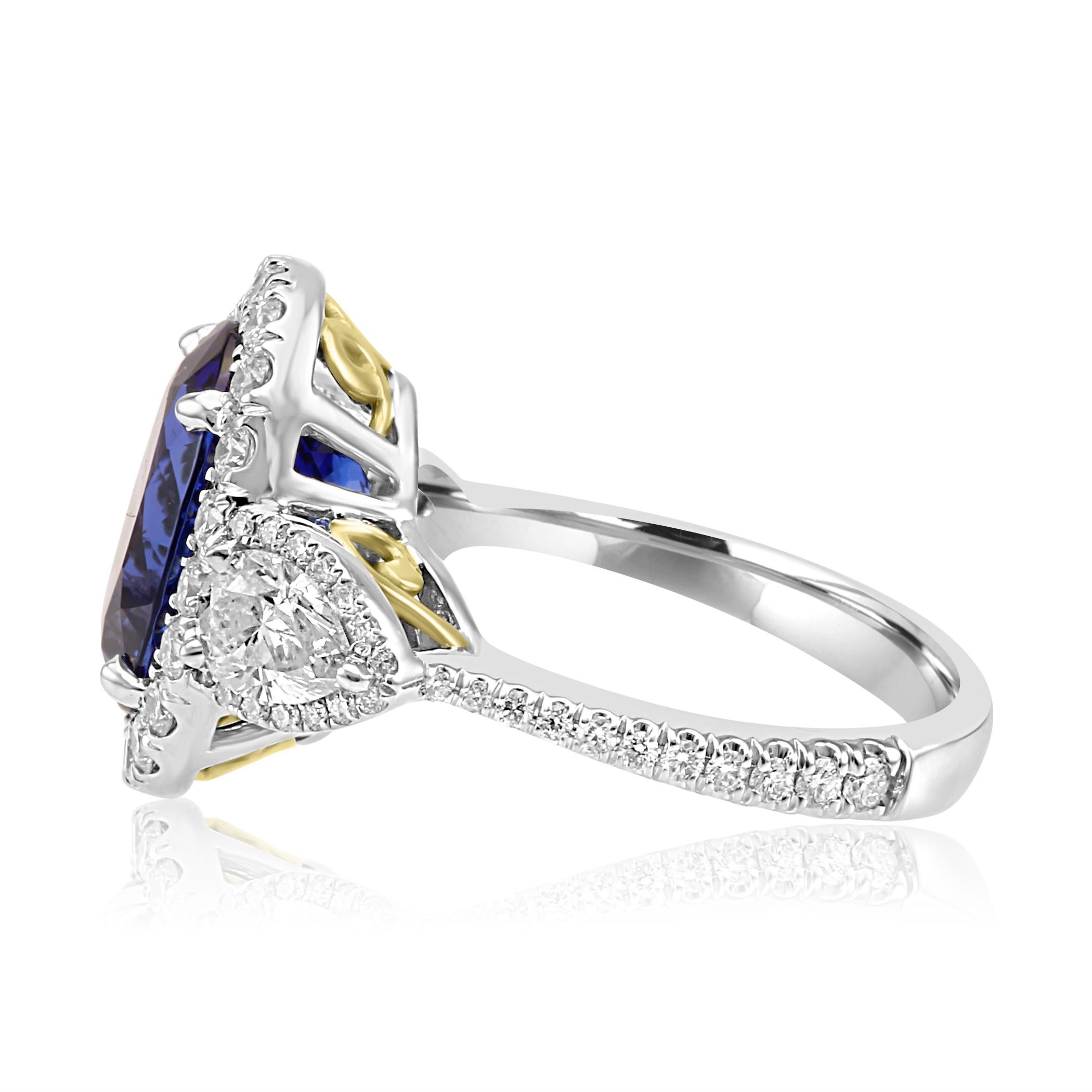 Tanzanite Oval Diamond Halo Three-Stone Fashion Cocktail Two-Color Gold Ring In New Condition In NEW YORK, NY