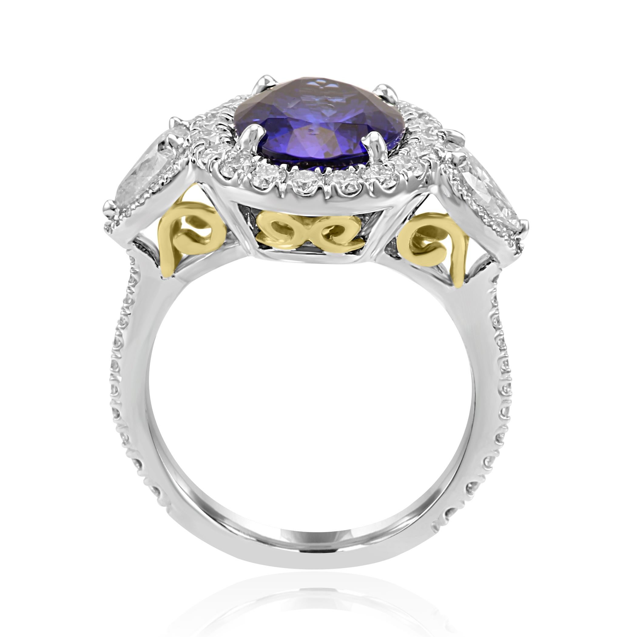 Women's or Men's Tanzanite Oval Diamond Halo Three-Stone Fashion Cocktail Two-Color Gold Ring