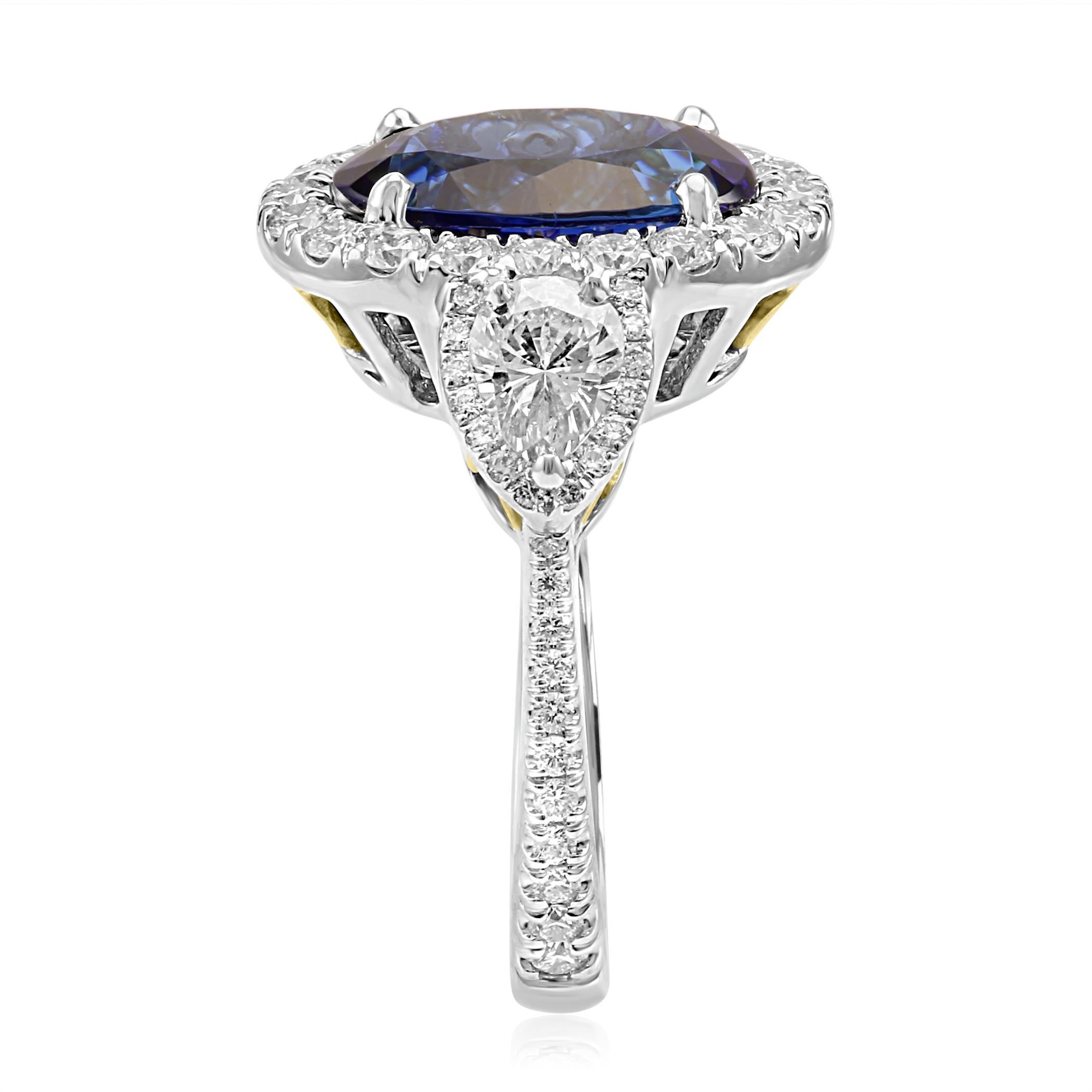 Tanzanite Oval Diamond Halo Three-Stone Fashion Cocktail Two-Color Gold Ring 1