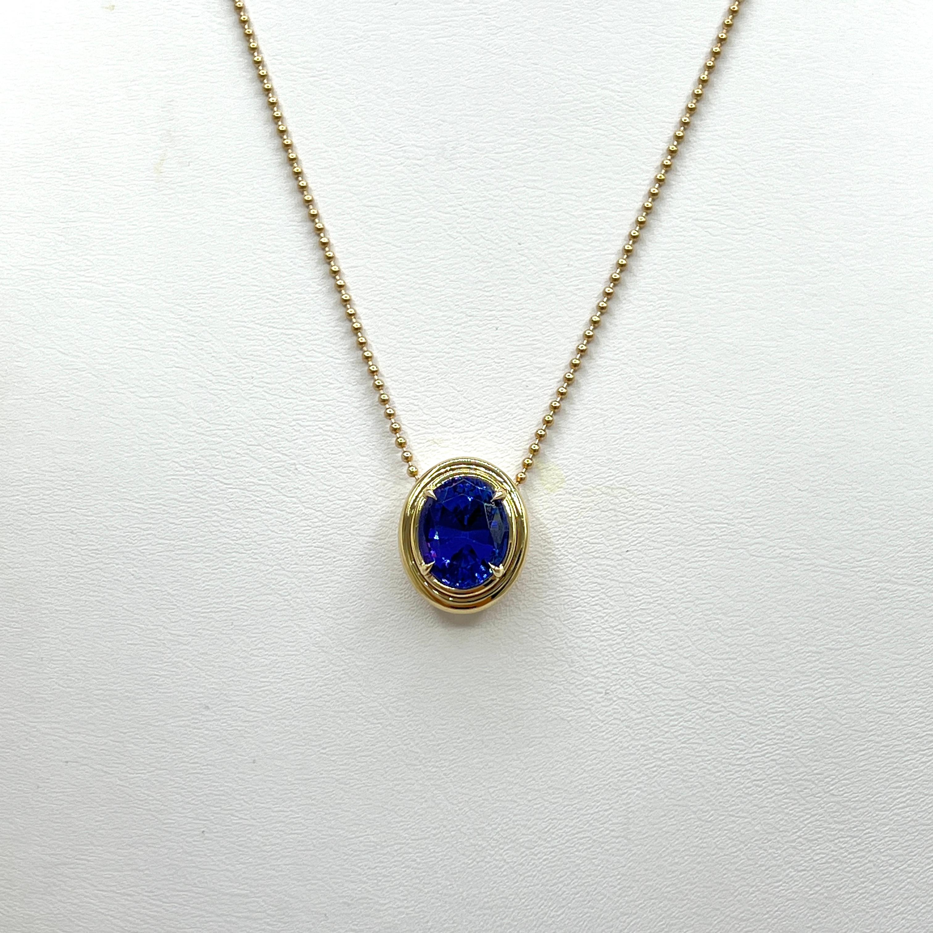 Tanzanite Oval Pendant in 14K Yellow Gold Ball Chain in vendita 1