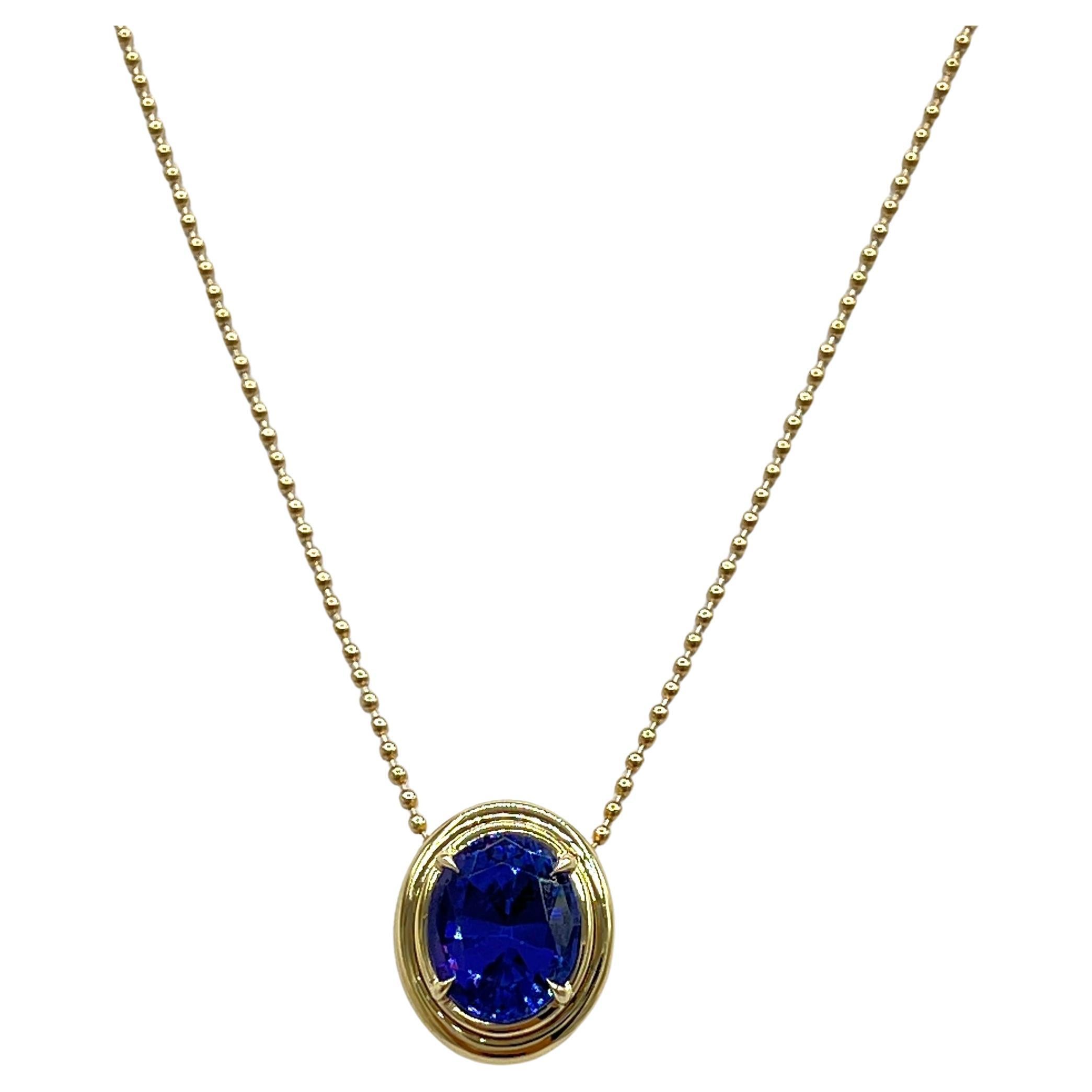 Tanzanite Oval Pendant in 14K Yellow Gold Ball Chain