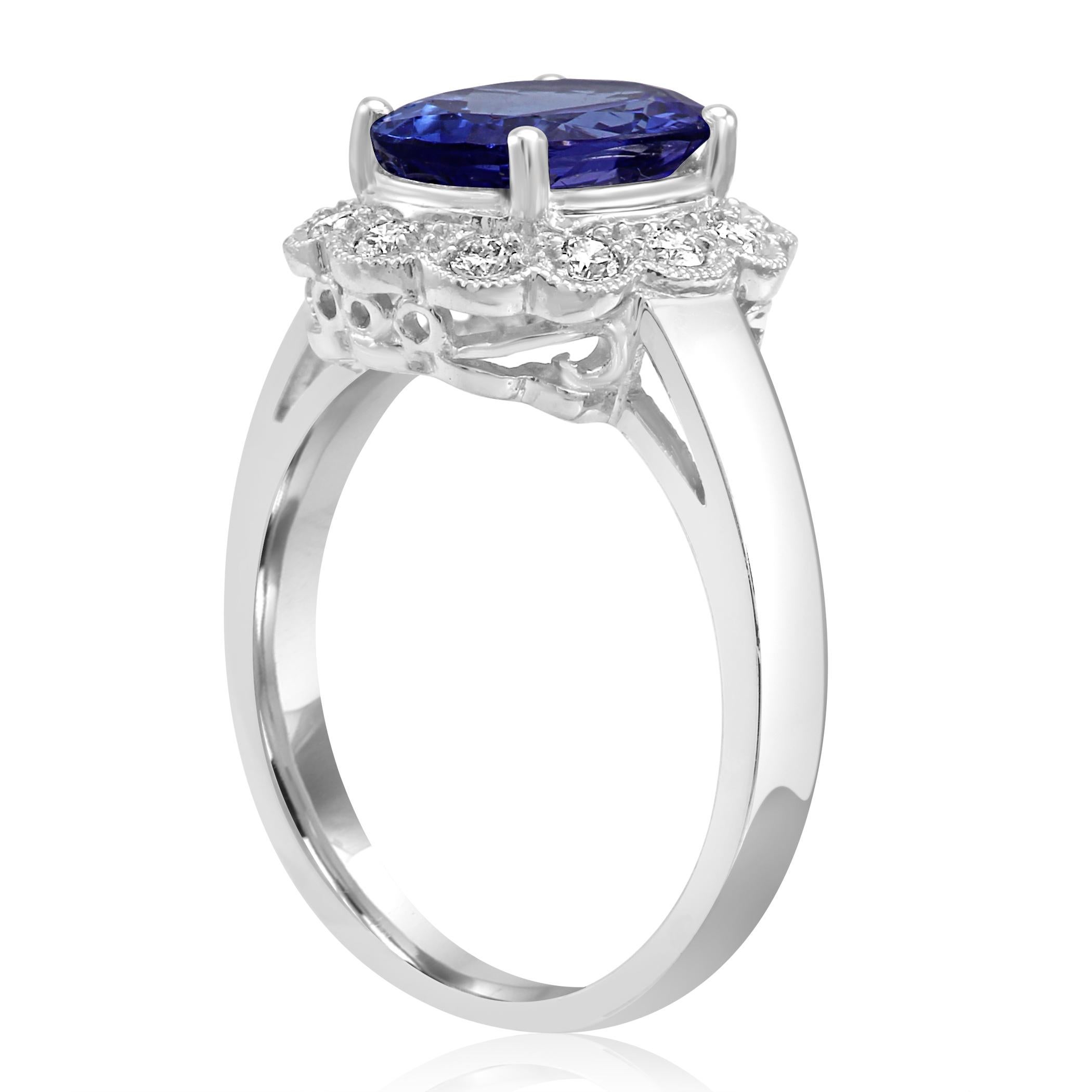 Tanzanite Oval Round Diamond Halo Gold Bridal Fashion Cocktail Filigree Ring In New Condition In NEW YORK, NY