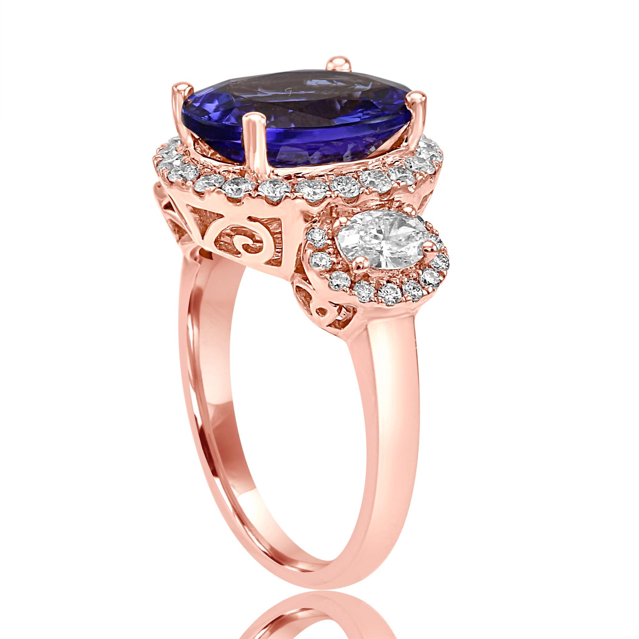 Tanzanite Oval White Diamond Halo Three-Stone Fashion Cocktail Rose Gold Ring In New Condition In NEW YORK, NY