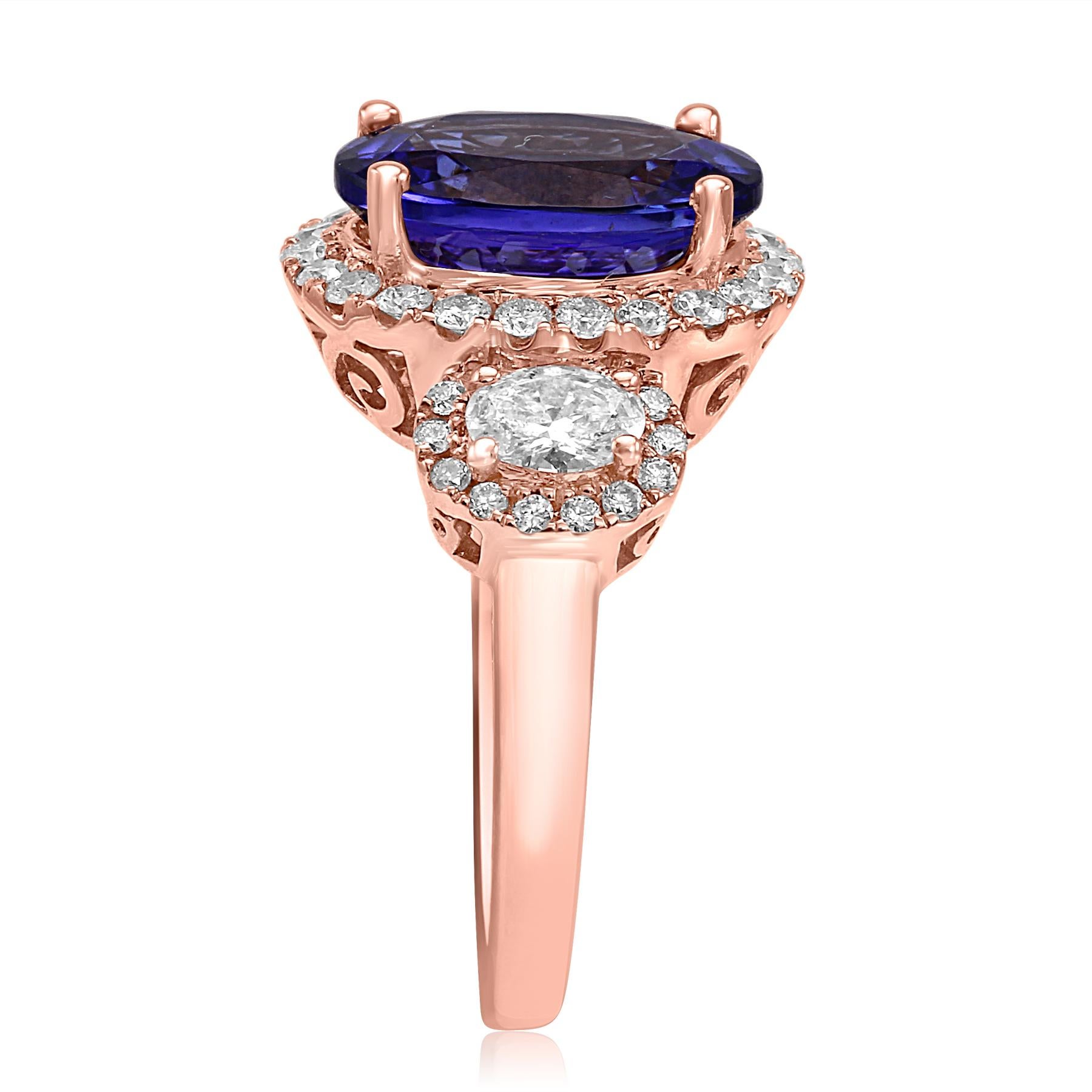 Women's or Men's Tanzanite Oval White Diamond Halo Three-Stone Fashion Cocktail Rose Gold Ring
