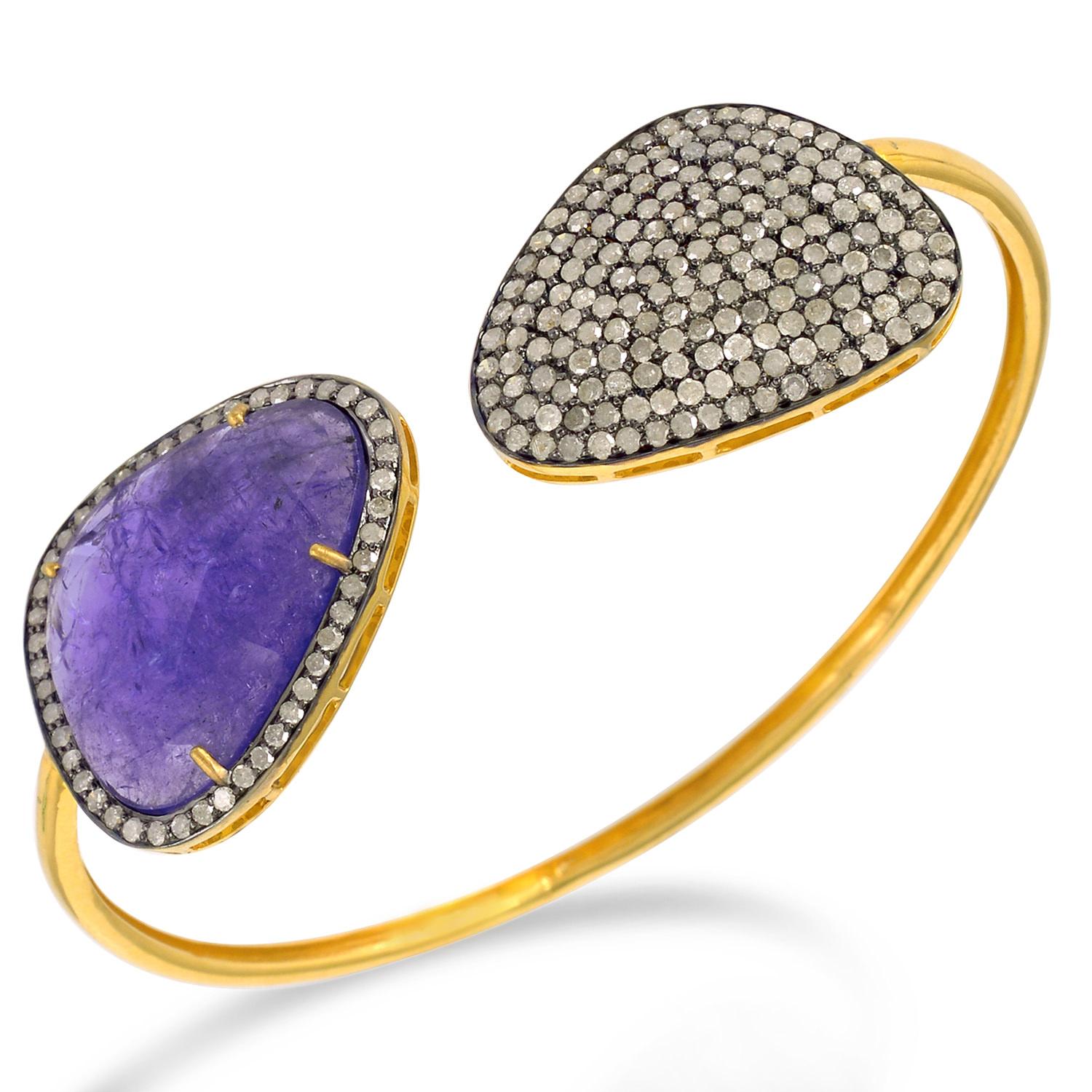 Artisan Tanzanite & Pave Diamond Adjustable Bangle Made In 18k Gold & Silver For Sale
