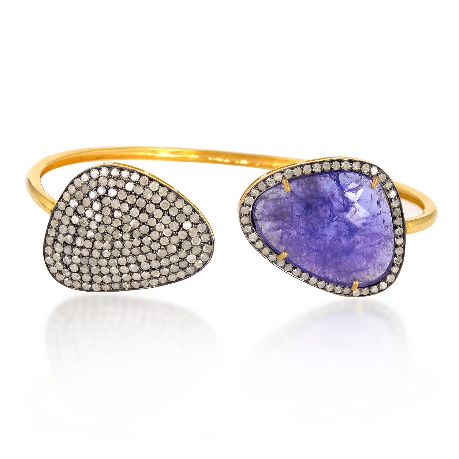 Tanzanite & Pave Diamond Adjustable Bangle Made In 18k Gold & Silver In New Condition For Sale In New York, NY