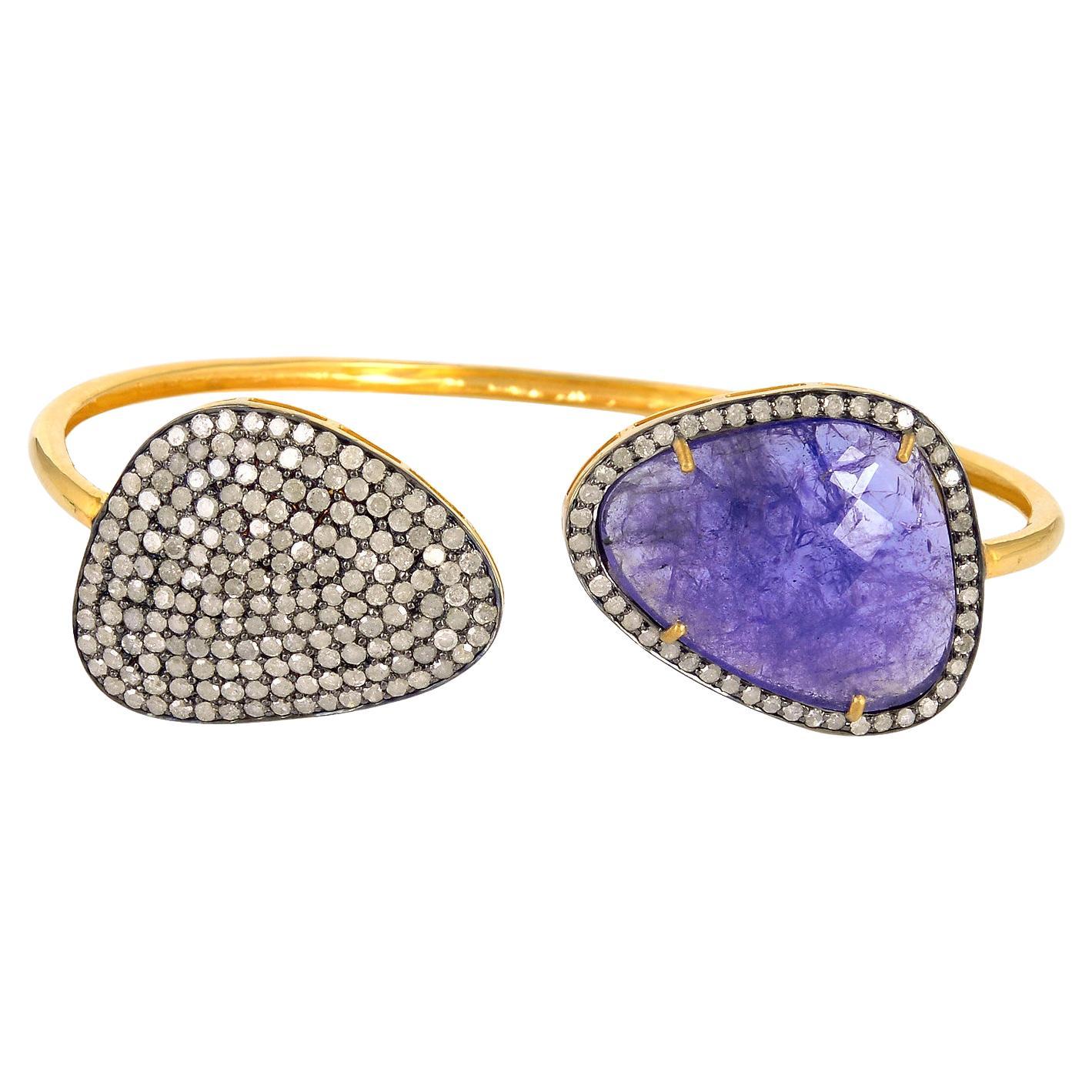 Tanzanite & Pave Diamond Adjustable Bangle Made In 18k Gold & Silver For Sale