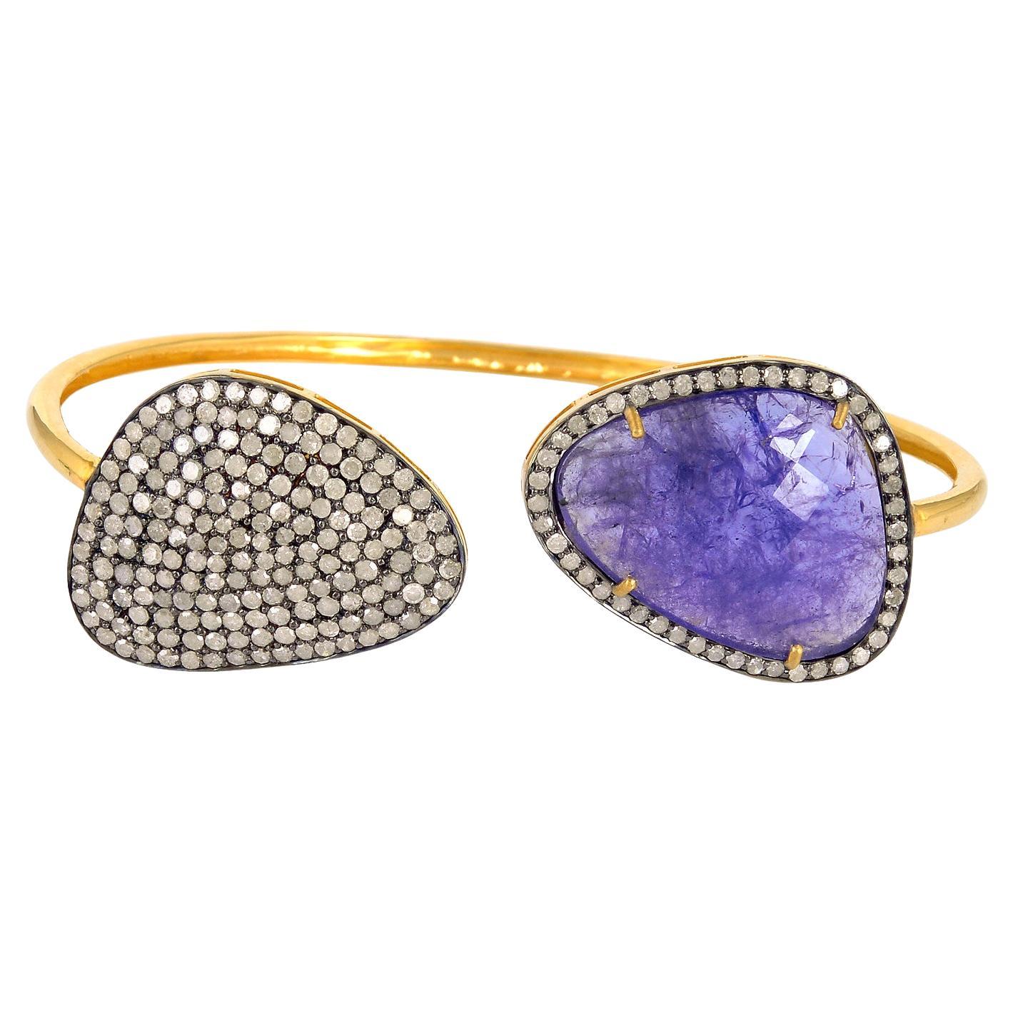 Tanzanite & Pave Diamond Adjustable Bangle Made In 18k Gold & Silver