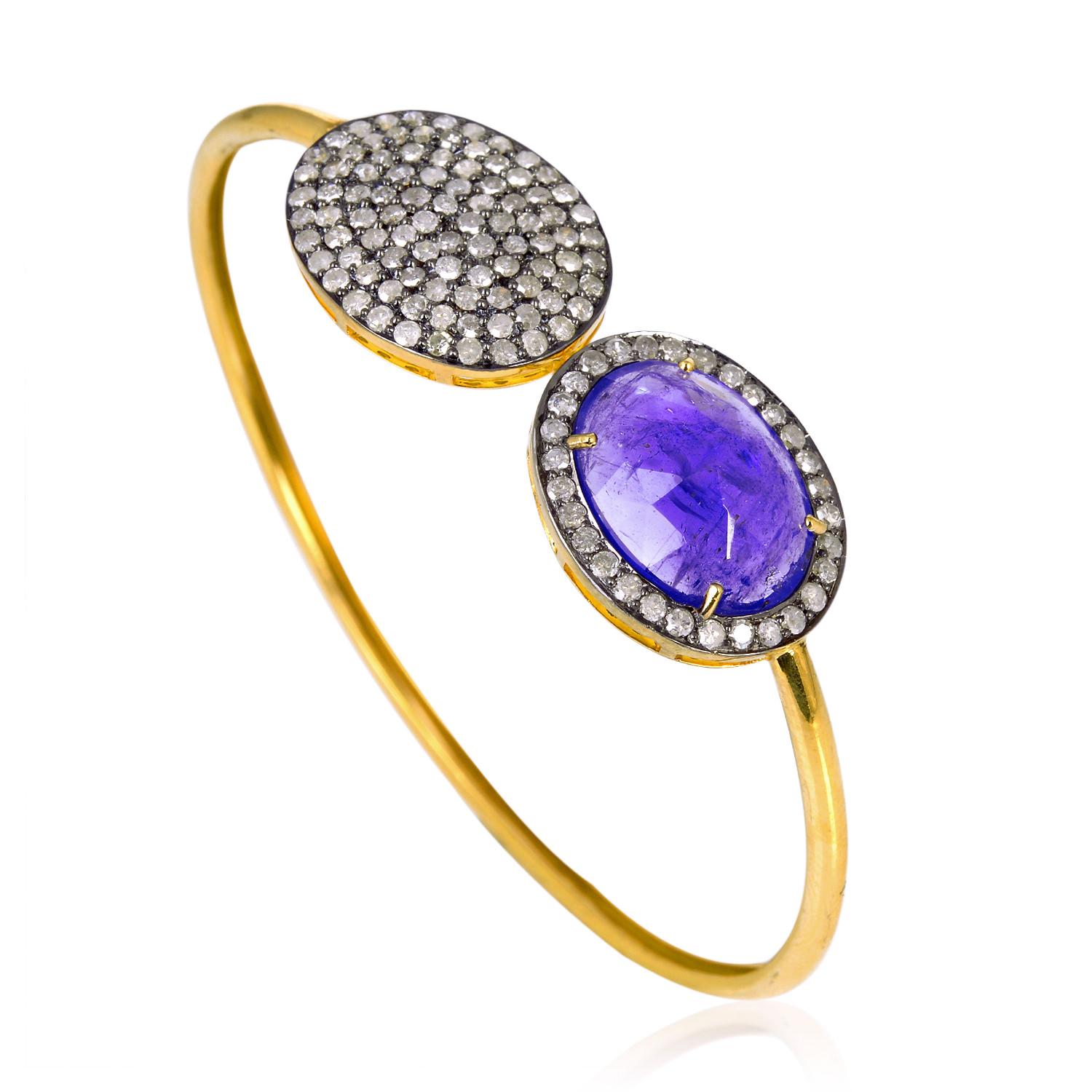 Tanzanite & Pave Diamond Adjustable Cuff Made In 18k Gold & Silver In New Condition For Sale In New York, NY