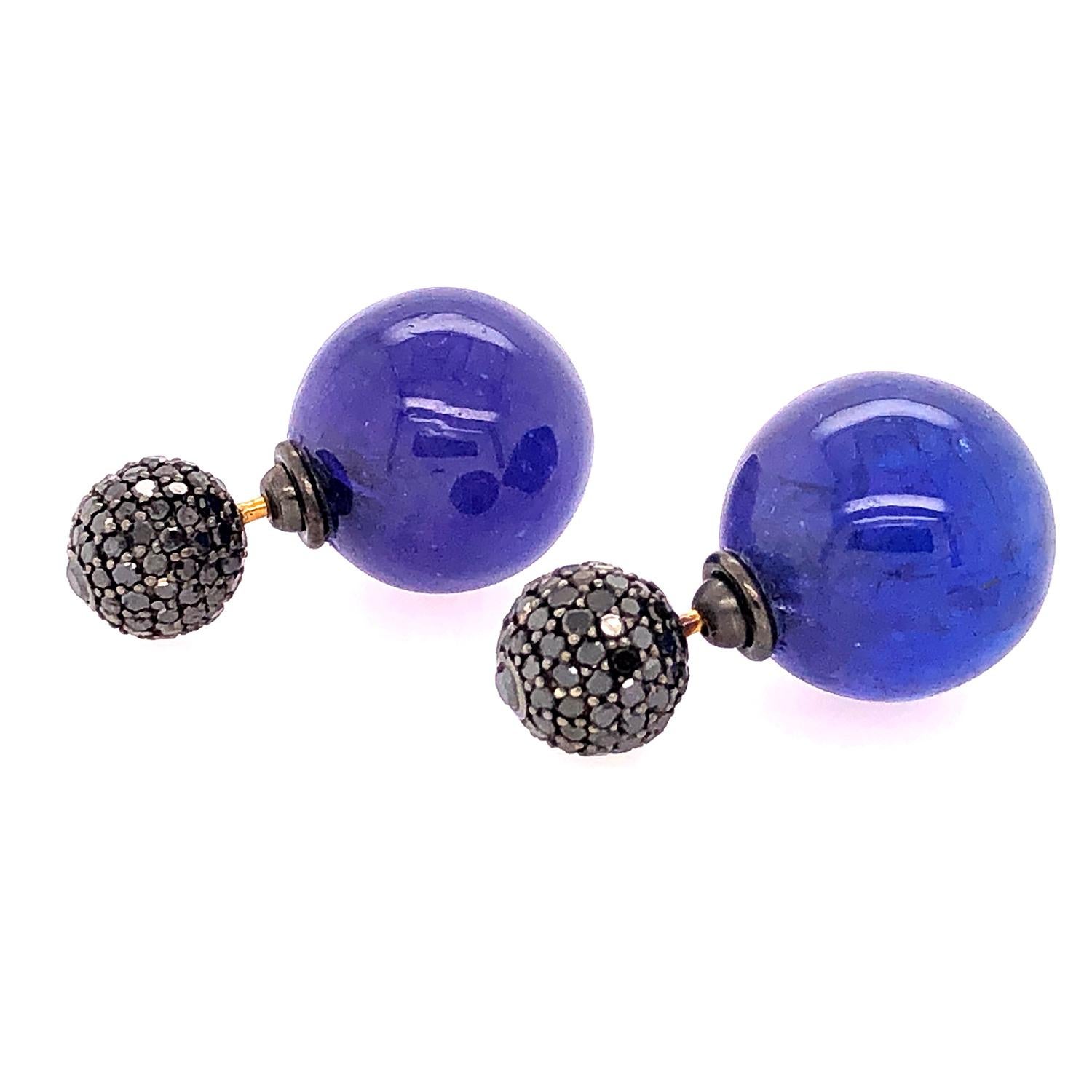 Artisan Tanzanite & Pave Diamond Ball Drop Earring Made In 18k Gold For Sale