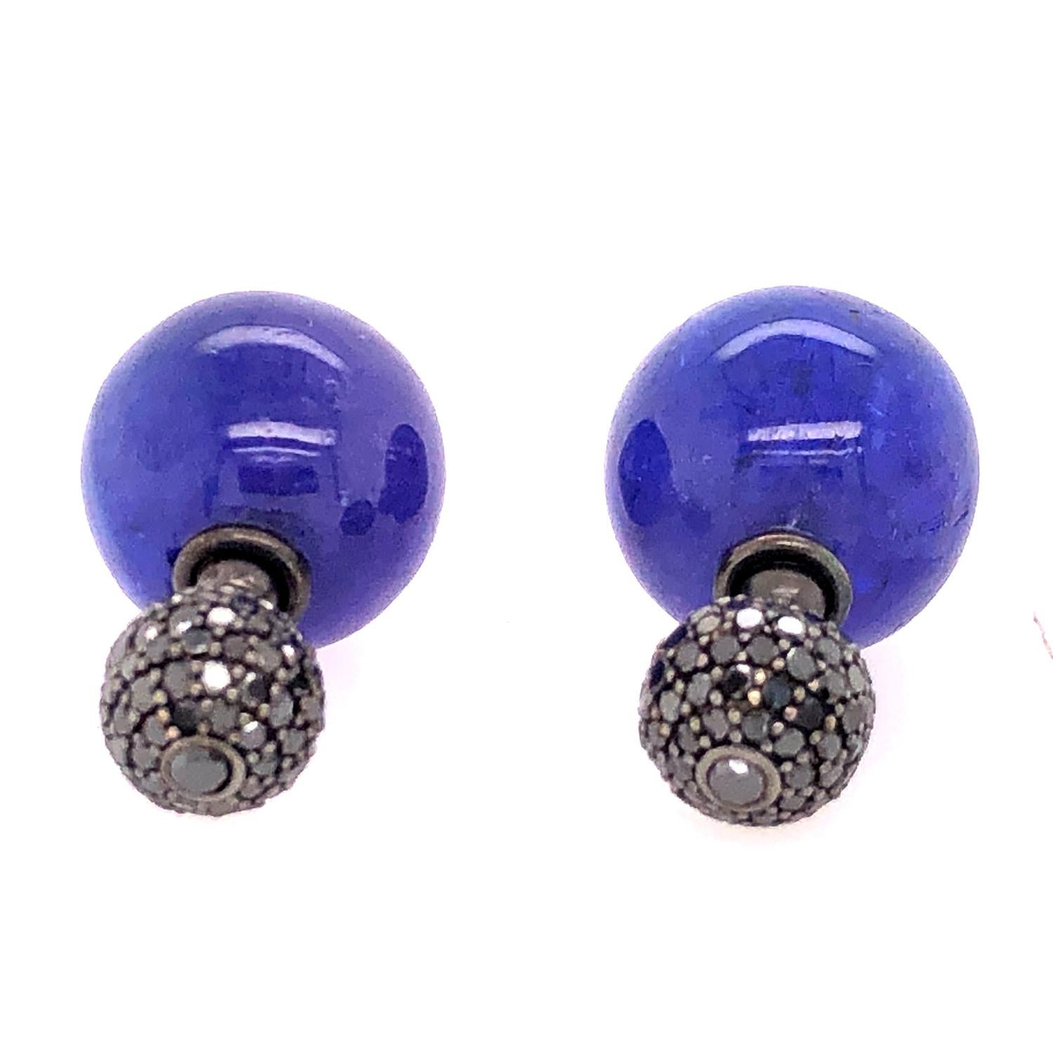 Artisan Tanzanite & Pave Diamond Ball Drop Earring Made In 18k Gold For Sale