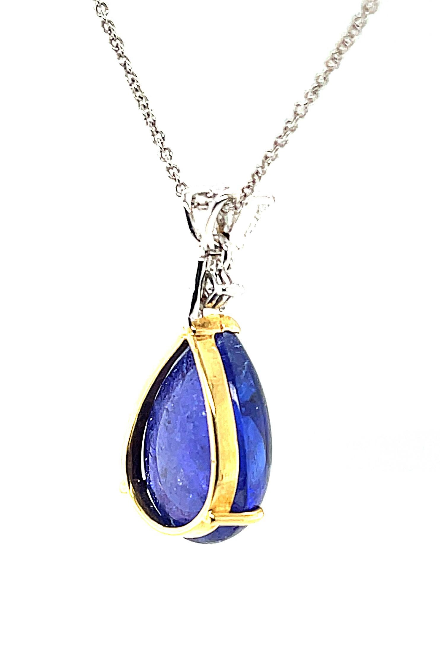 Artisan 12 Carat Tanzanite Cabochon and Diamond Drop Necklace in Yellow and White Gold   For Sale