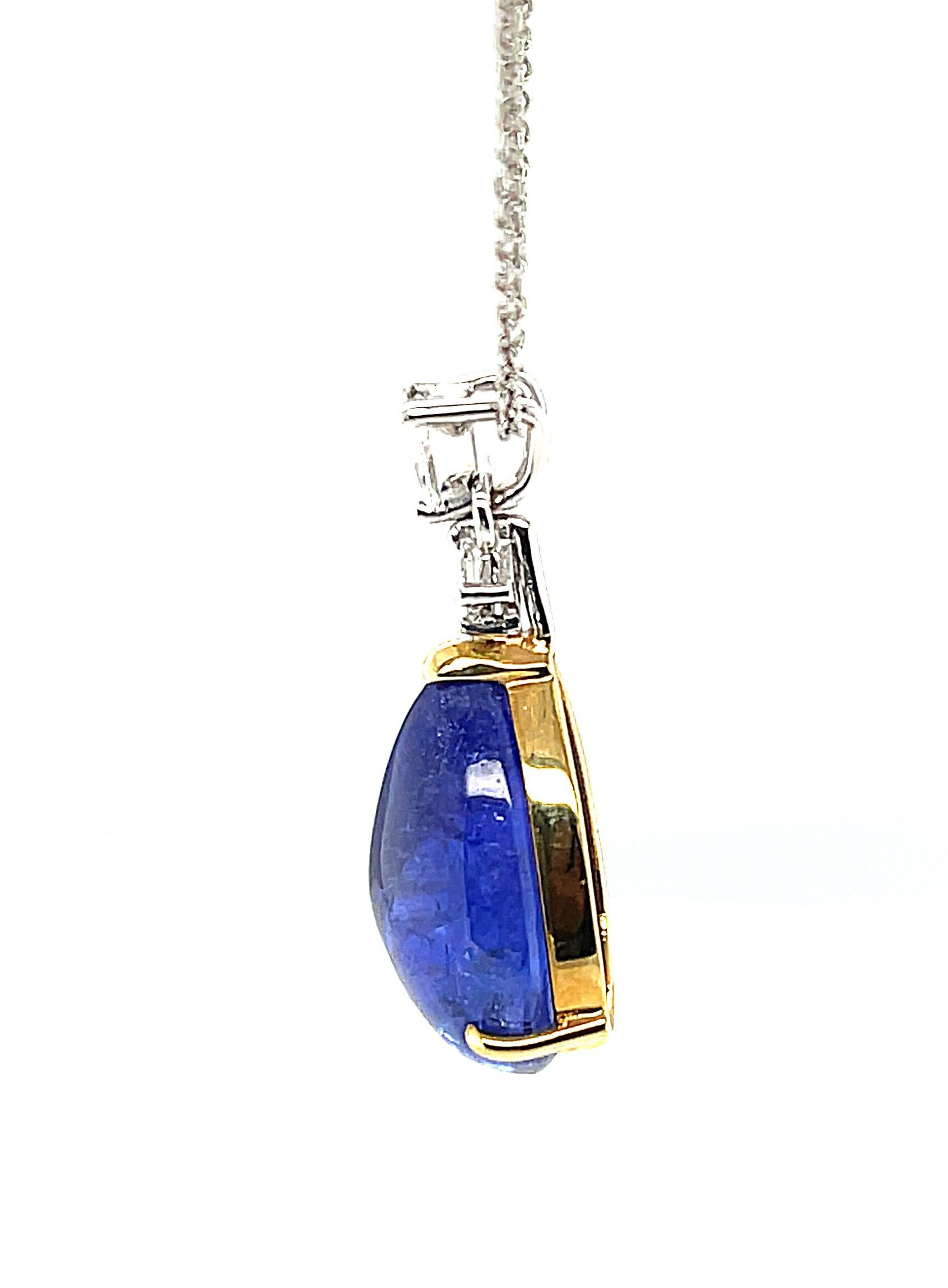 Women's 12 Carat Tanzanite Cabochon and Diamond Drop Necklace in Yellow and White Gold   For Sale