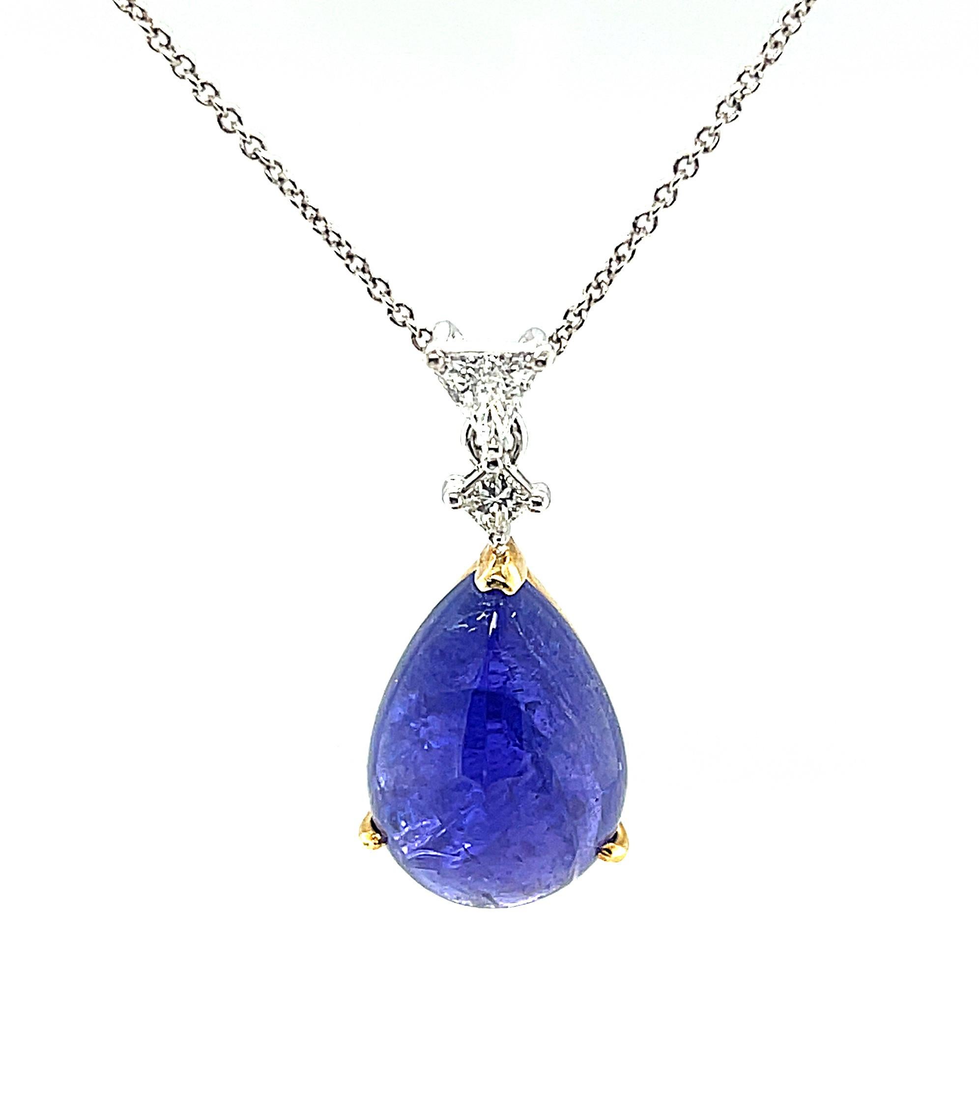 12 Carat Tanzanite Cabochon and Diamond Drop Necklace in Yellow and White Gold   For Sale 1