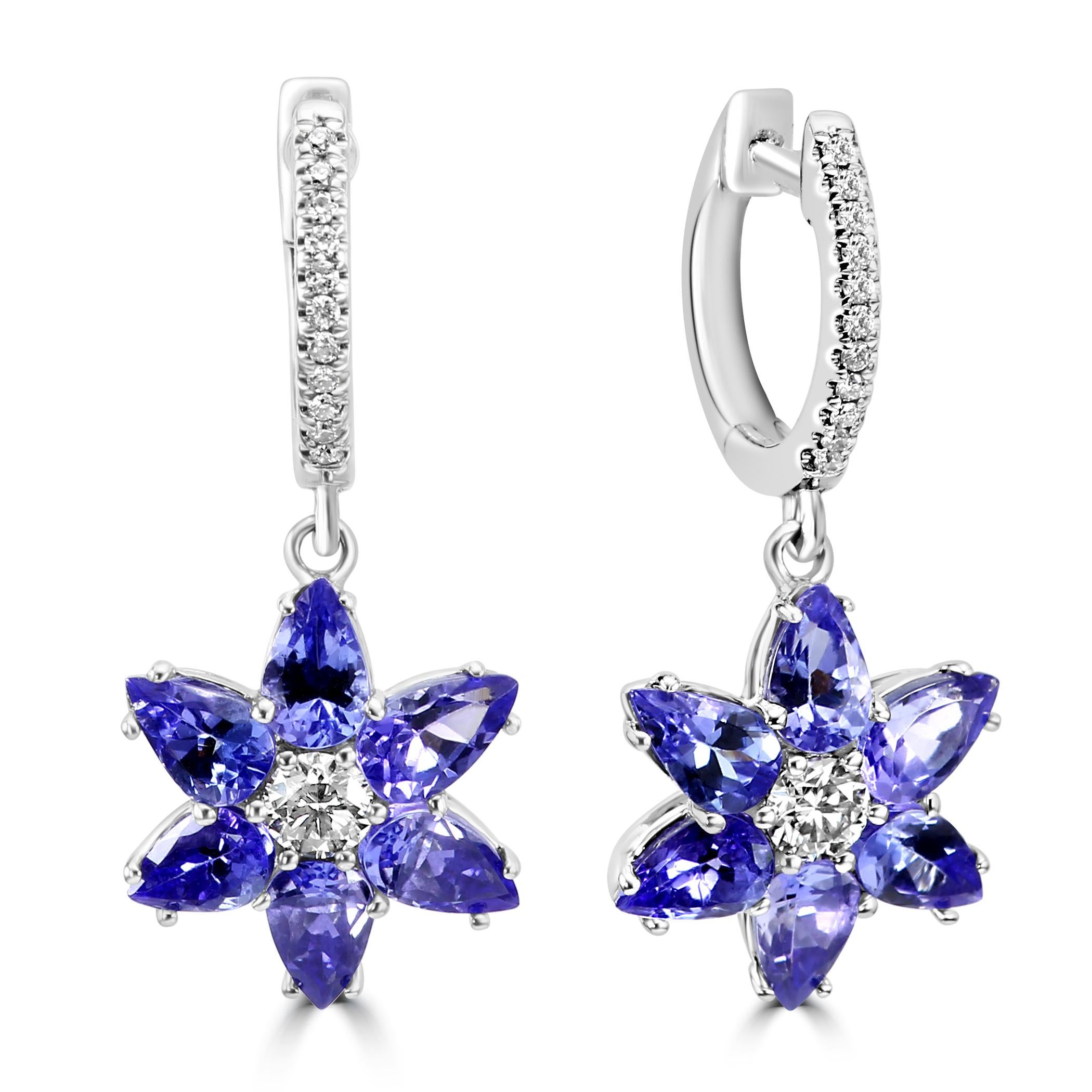 Modern Tanzanite Pear Diamond Round 18K White Gold Flower Shape Fashion Dangle Earrings For Sale