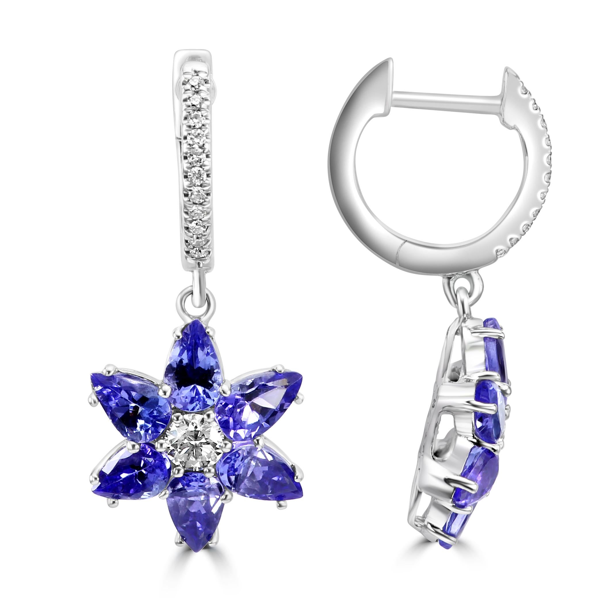 Pear Cut Tanzanite Pear Diamond Round 18K White Gold Flower Shape Fashion Dangle Earrings For Sale