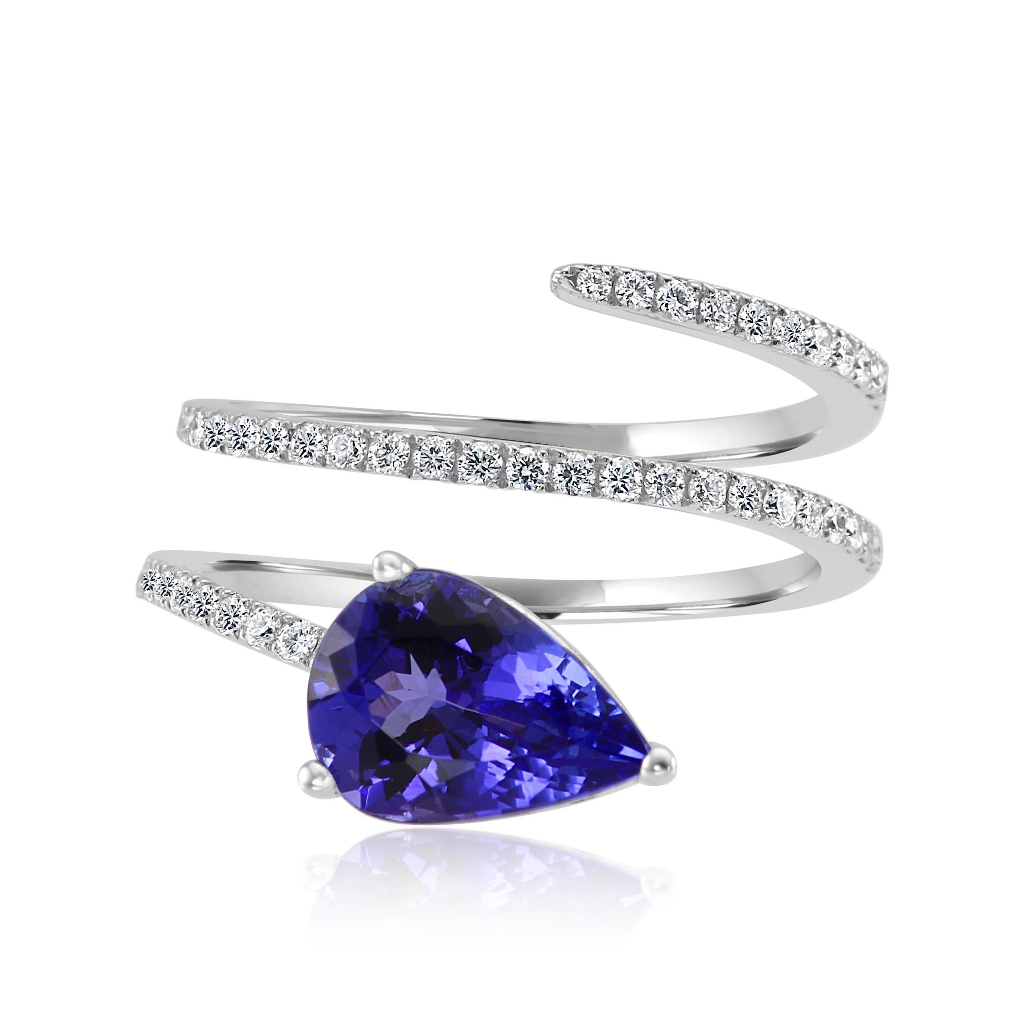  Beautiful Tanzanite Pear 1.94 Carat set  with White Diamond Rounds 0.33 carat in 14K White Gold Cocktail FashionSpiral Ring.

MADE IN USA

Tanzanite Oval Center Weight 1.94 Carat
Total Weight 2.27 Carat 