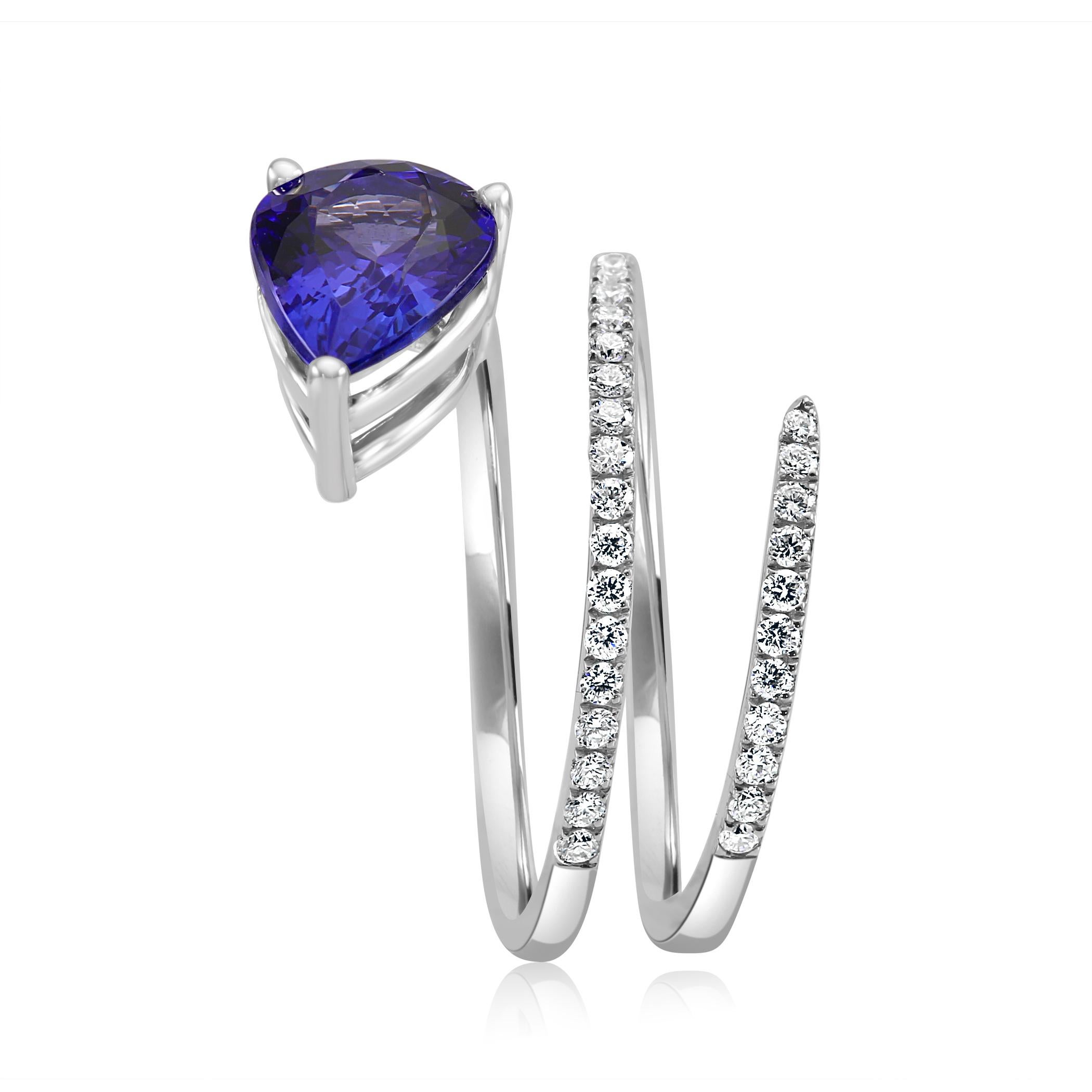 Tanzanite Pear White Diamond Round 14k White Gold Spiral Cocktail Fashion Ring In New Condition In NEW YORK, NY
