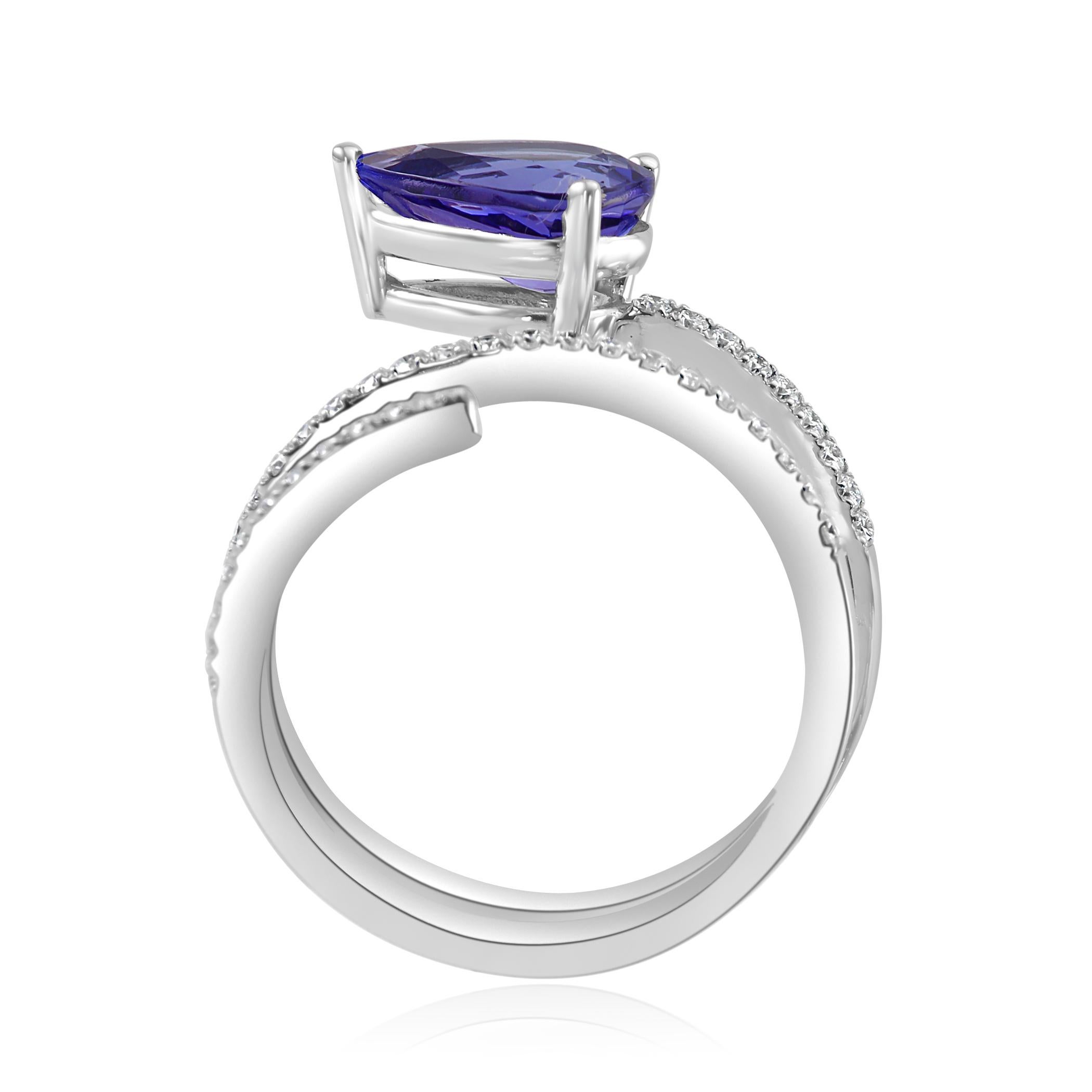 Tanzanite Pear White Diamond Round 14k White Gold Spiral Cocktail Fashion Ring 1