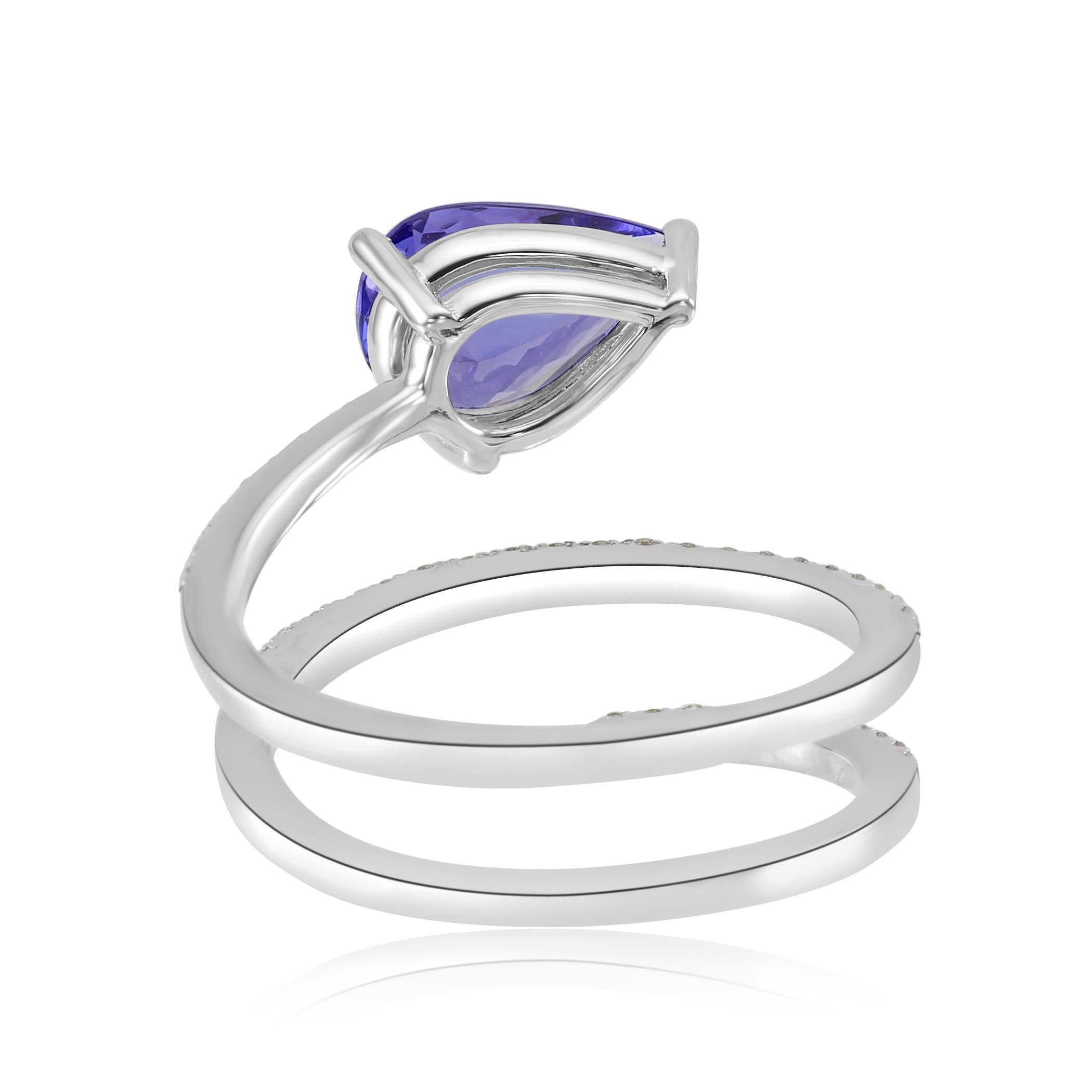 Tanzanite Pear White Diamond Round 14k White Gold Spiral Cocktail Fashion Ring 3