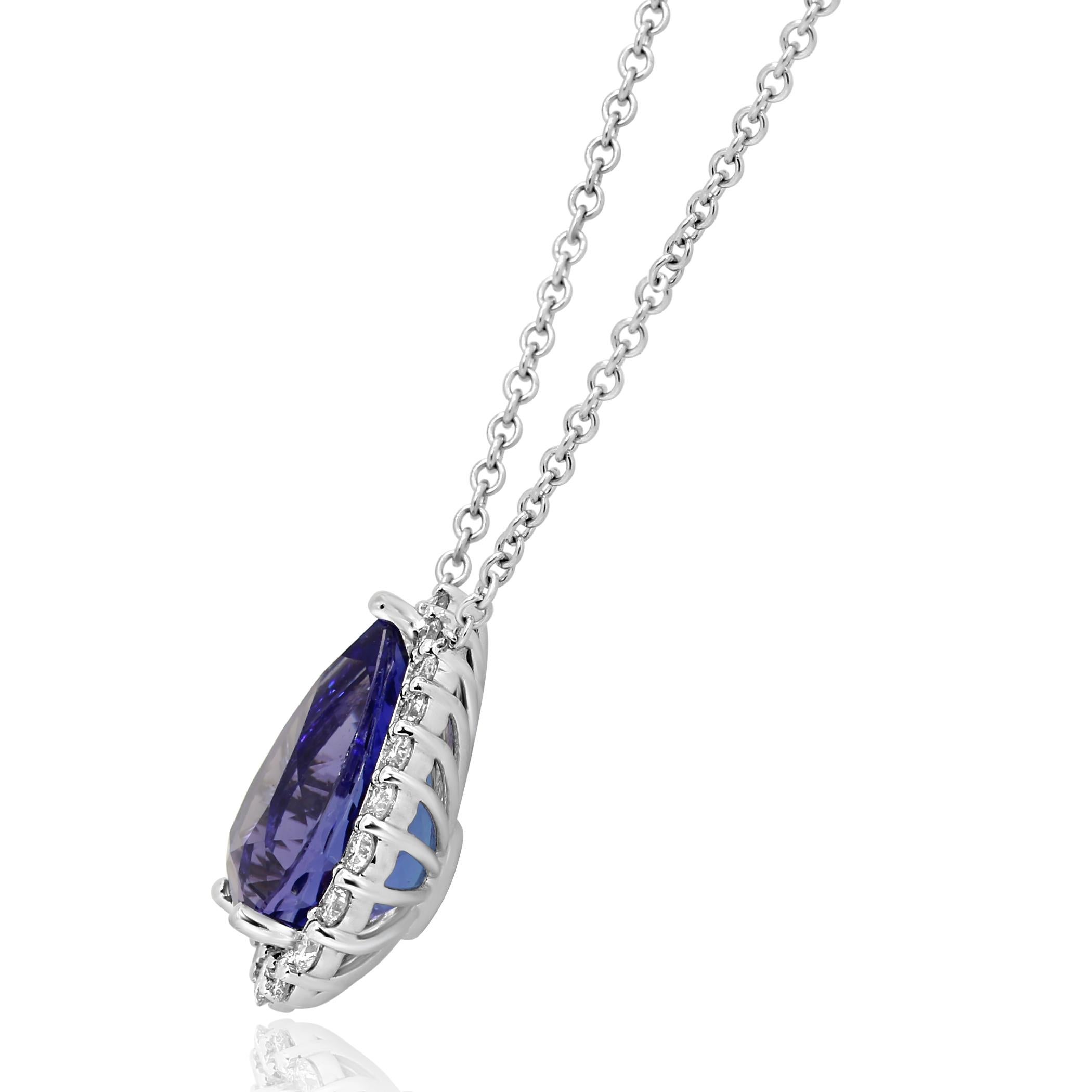 Modern Tanzanite Pear White Diamond Round Halo Gold Drop Pendant Chain Necklace