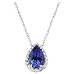 Tanzanite Pear White Diamond Round Halo Gold Drop Pendant Chain Necklace