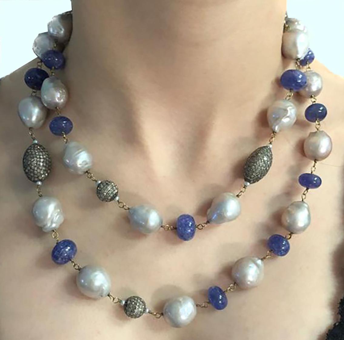 Opernlänge Halskette aus Tansanit, Perle und Diamant im Zustand „Gut“ im Angebot in Miami, FL