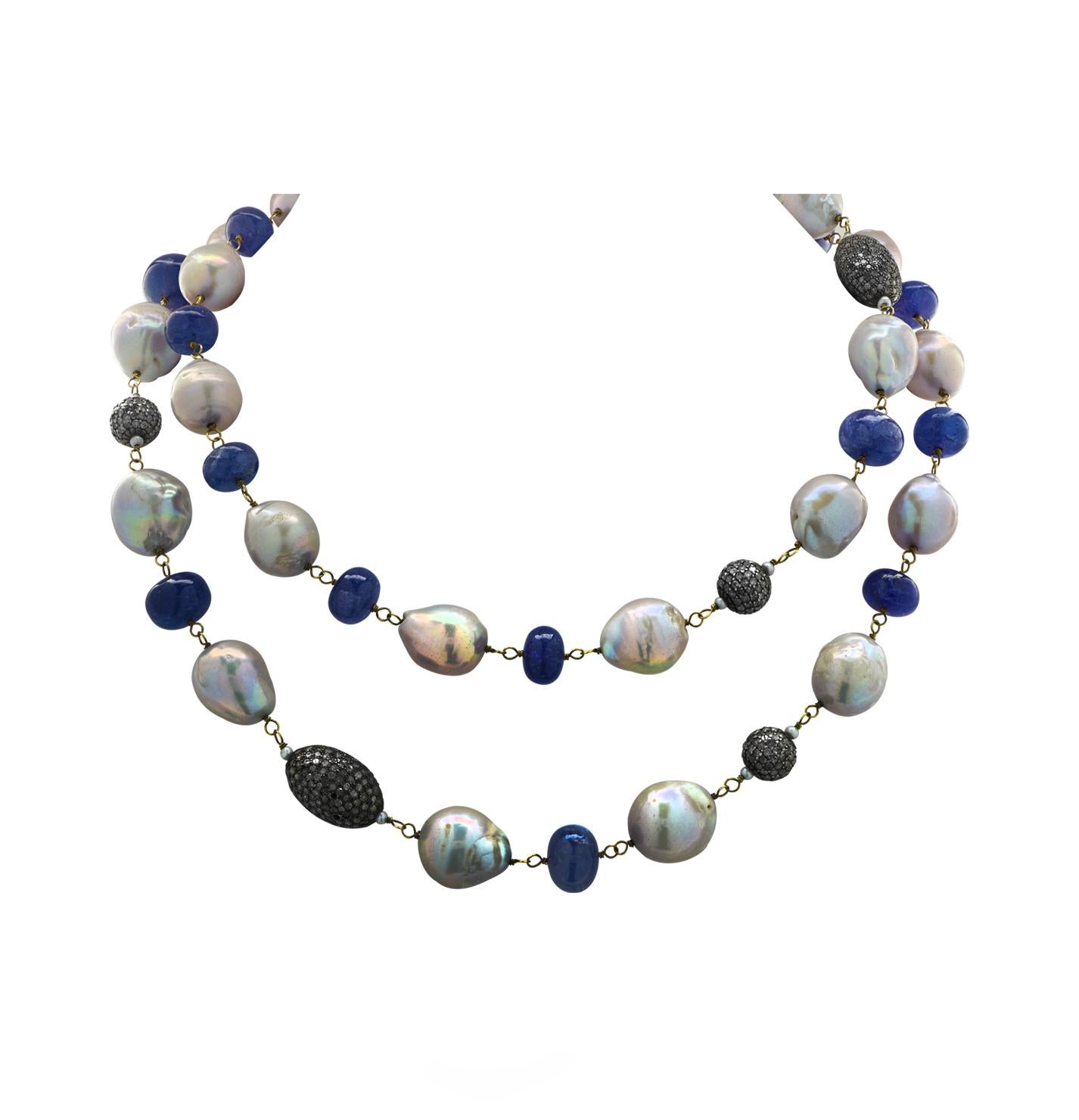 36 inch freshwater pearl and tanzanite double strand necklace with 18kt gold clasp