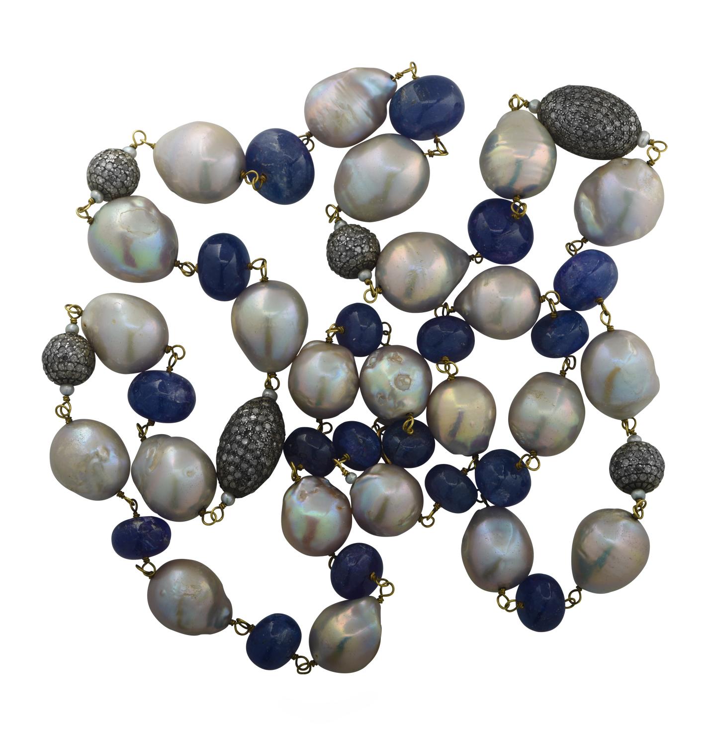 Opernlänge Halskette aus Tansanit, Perle und Diamant im Angebot 1