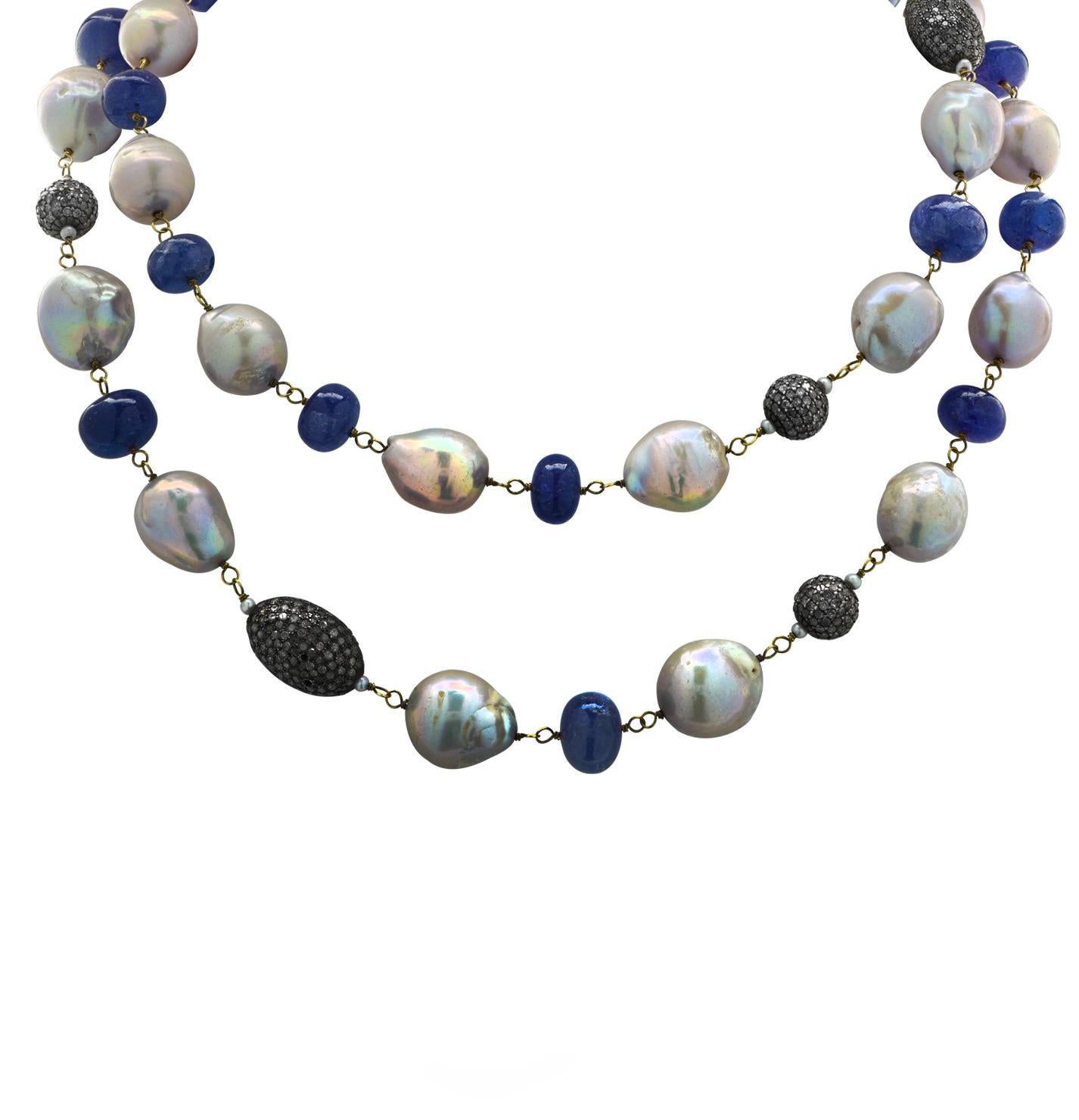 Opernlänge Halskette aus Tansanit, Perle und Diamant im Angebot 4