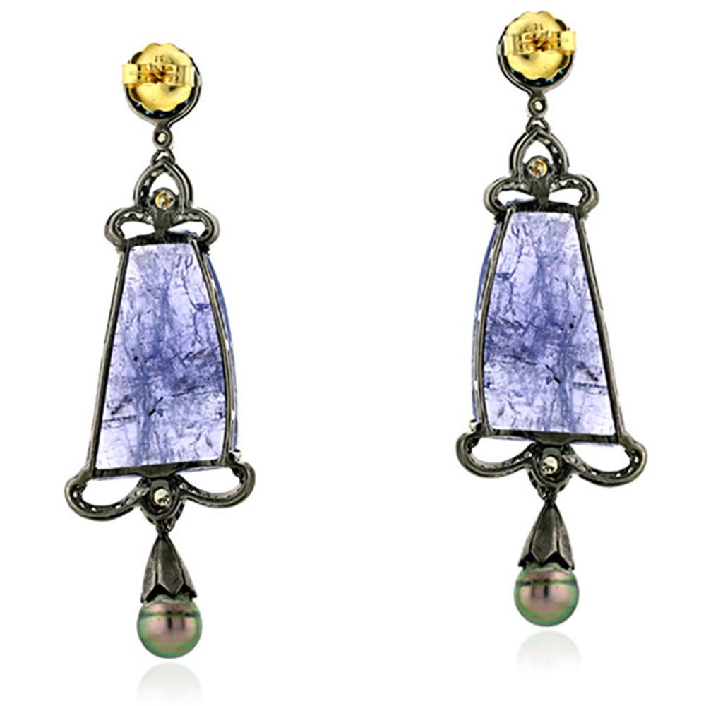 Artisan Tanzanite & Pearl Dangle Earrings with Diamonds Made in 18k Yellow Gold & Silver For Sale