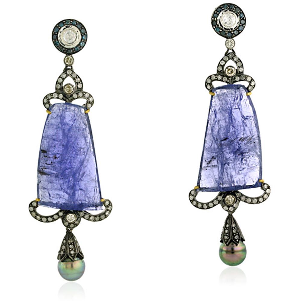 Mixed Cut Tanzanite & Pearl Dangle Earrings with Diamonds Made in 18k Yellow Gold & Silver For Sale