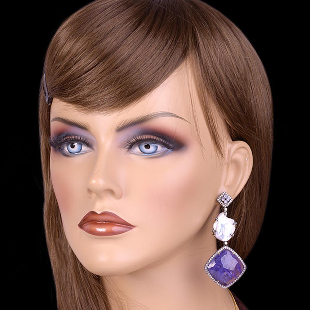 Modern Tanzanite Pearl Diamond Earring in Silver and Gold For Sale