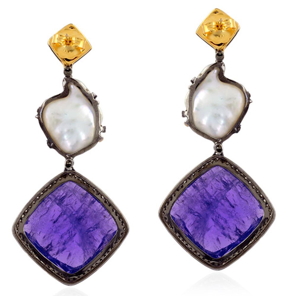 Mixed Cut Tanzanite Pearl Diamond Earring in Silver and Gold For Sale