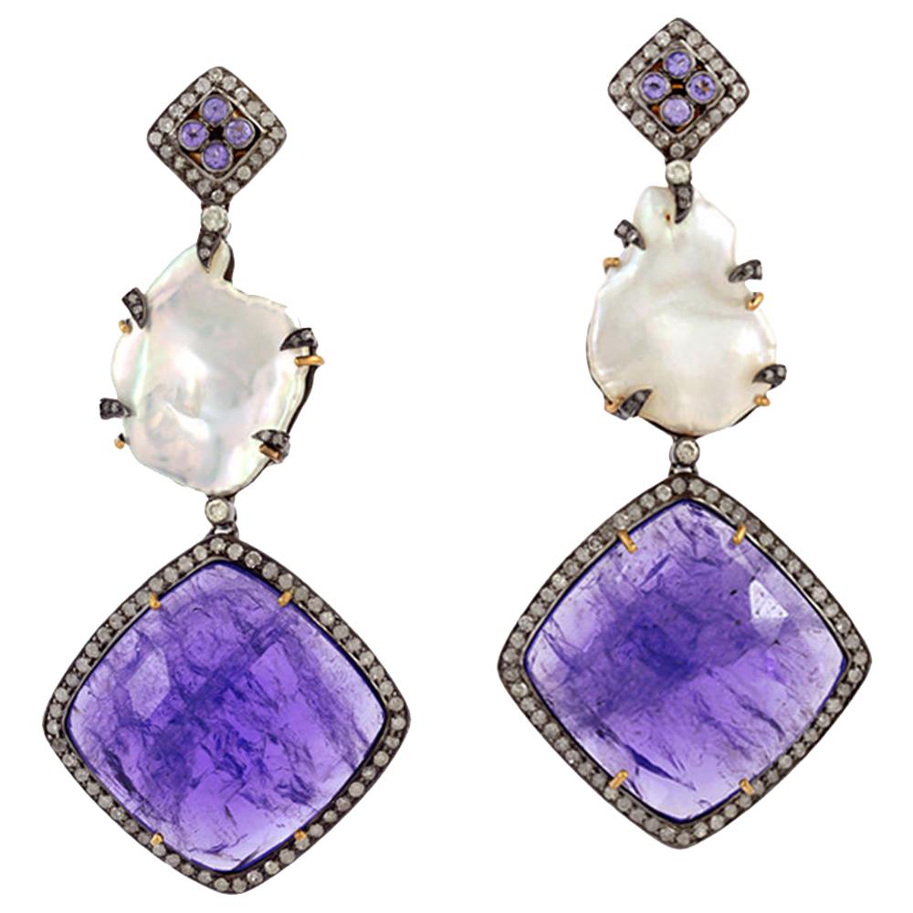 Tanzanite Pearl Diamond Earring in Silver and Gold