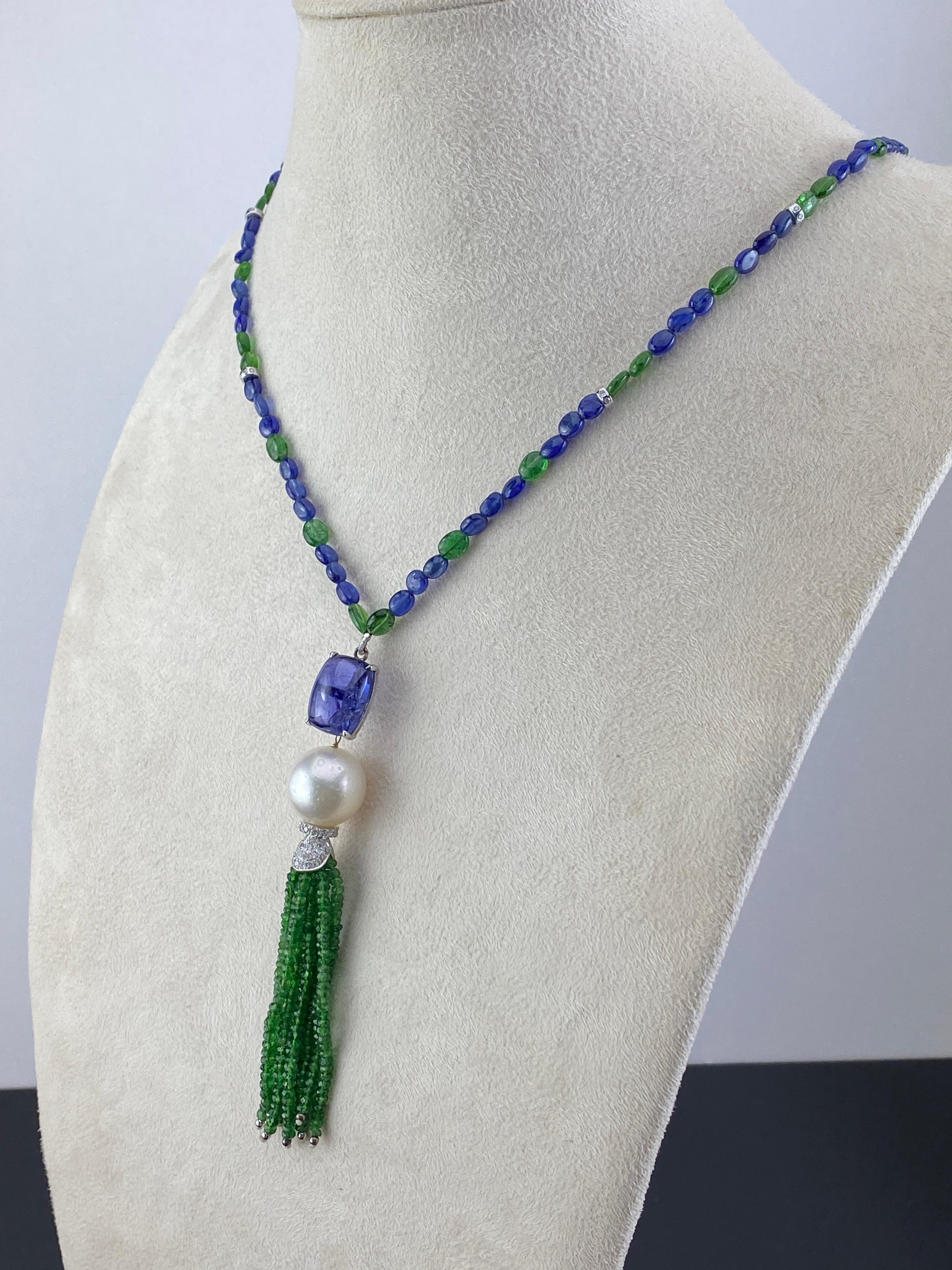Cadena para collar de tanzanita, perla, zafiro y esmeralda Art Decó en venta