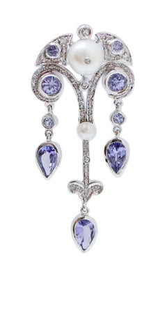 Tanzanite, Pearls, Diamonds, Platinum Earrings.