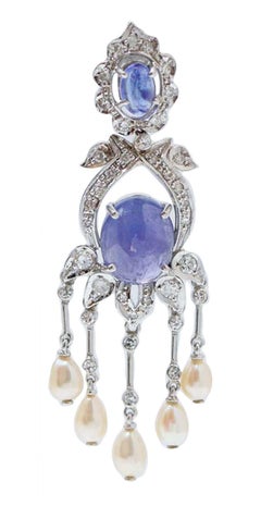 Tanzanite, Pearls, Diamonds, Platinum Earrings.
