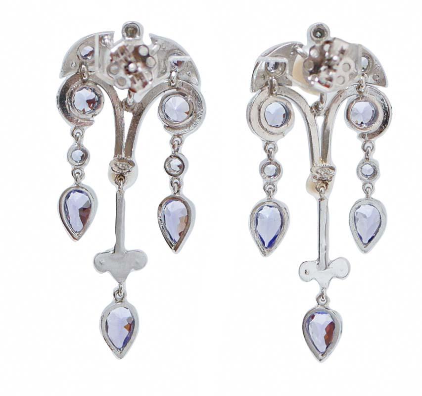 Retro Tanzanite, Pearls, Diamonds, Platinum Earrings. For Sale