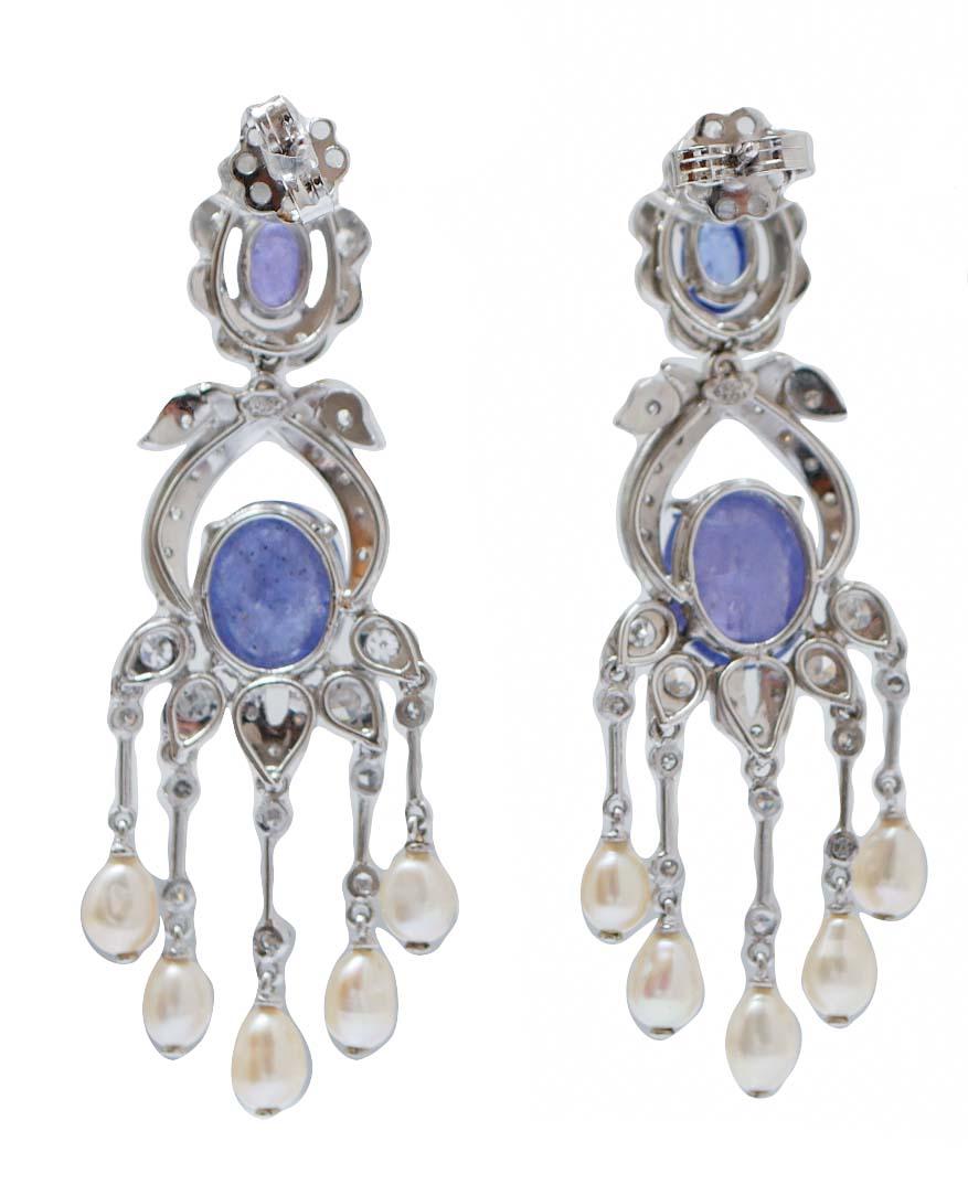Retro Tanzanite, Pearls, Diamonds, Platinum Earrings.