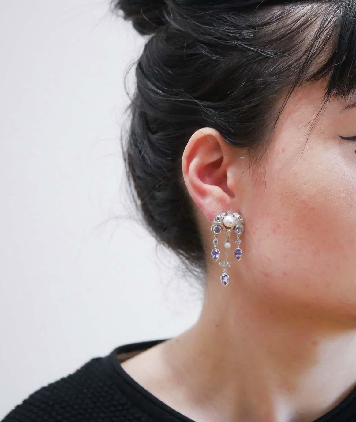 Mixed Cut Tanzanite, Pearls, Diamonds, Platinum Earrings. For Sale