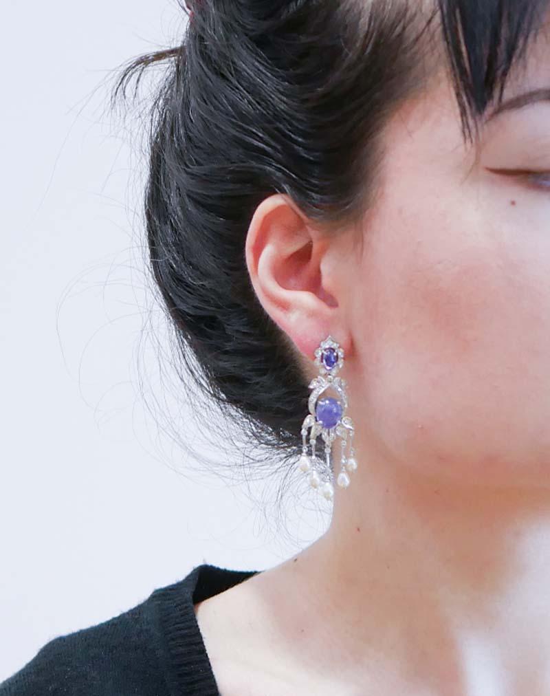 Mixed Cut Tanzanite, Pearls, Diamonds, Platinum Earrings.